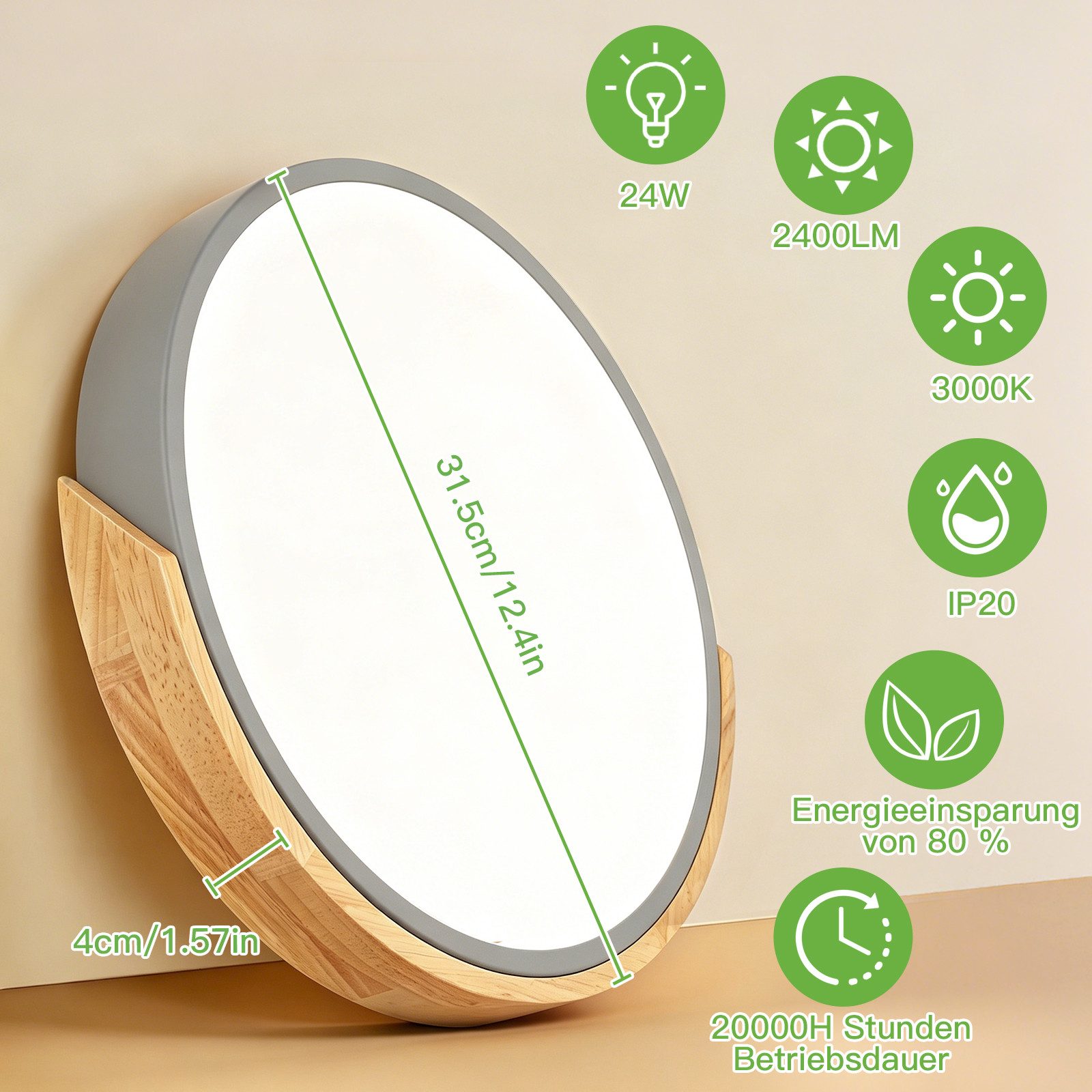Kimjo Deckenleuchte runde LED-Deckenlampe, Ø30cm ultradünn für alle Wohnräume, LED fest integriert, Warmweiß, LED-Panel mit Holzoptik & grauem Rahmen, 24 W, 3000 K
