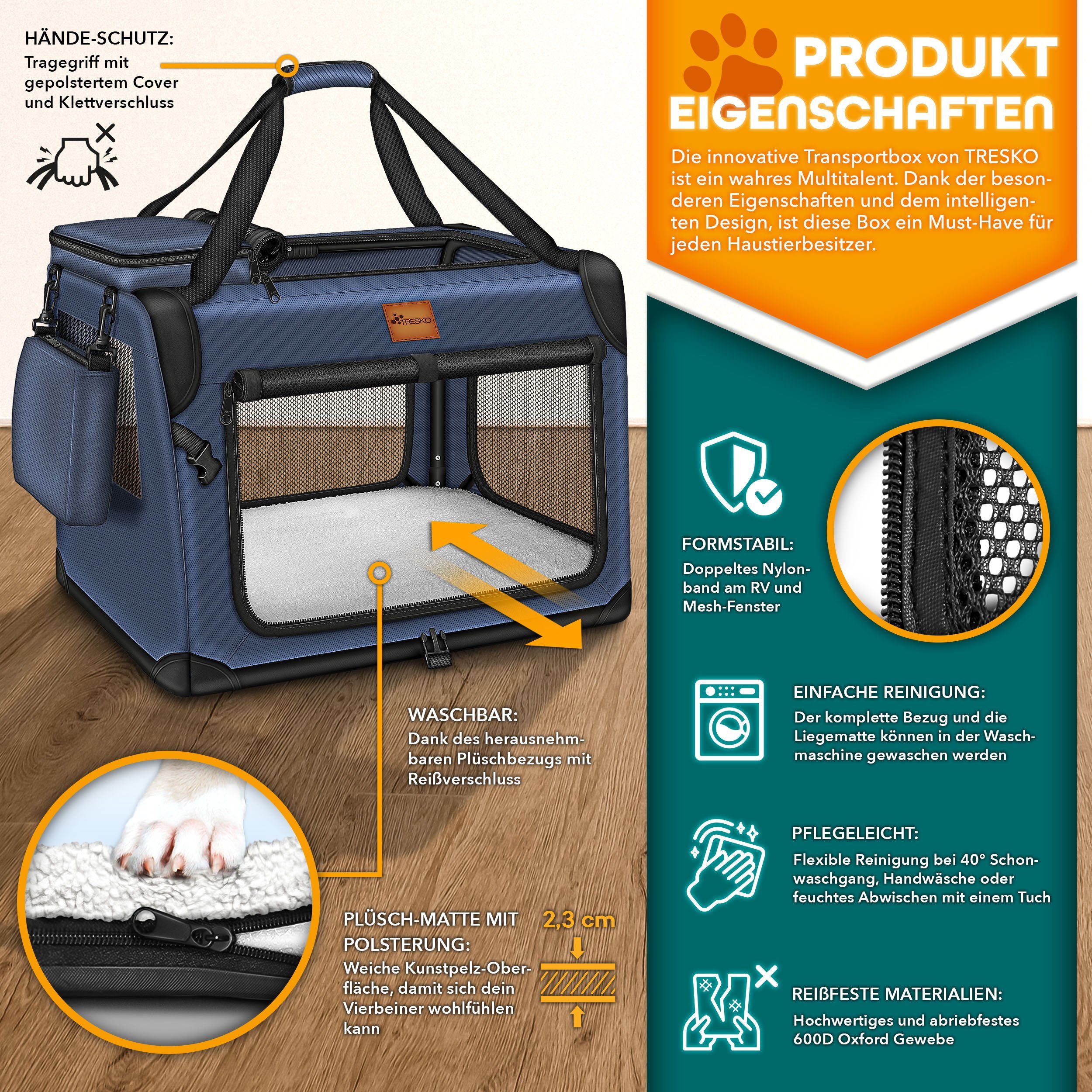 TRESKO Hunde-Transportbox Hundebox faltbar inkl. Leckmatte und Spatel bis 15,00 kg, Transportbox für Hunde und Katzen Hundetransportbox Hundetasche