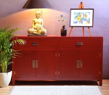 Kai Wiechmann Sideboard Sideboard im asiatischen Stil rot 155 x 40 cm Anrichte Büfett, rot lackiert, mit 2 Schubladen, viertürig, Used Look, Massivholz
