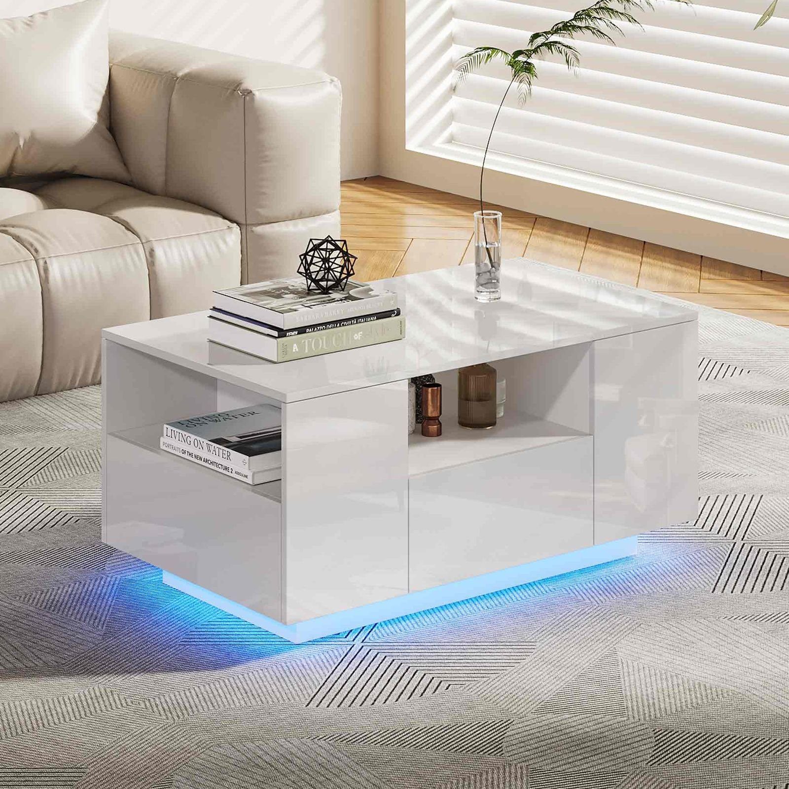 Makika Ablagetisch Design Couchtisch LED mit Schubladen - Weiß Hochglanz