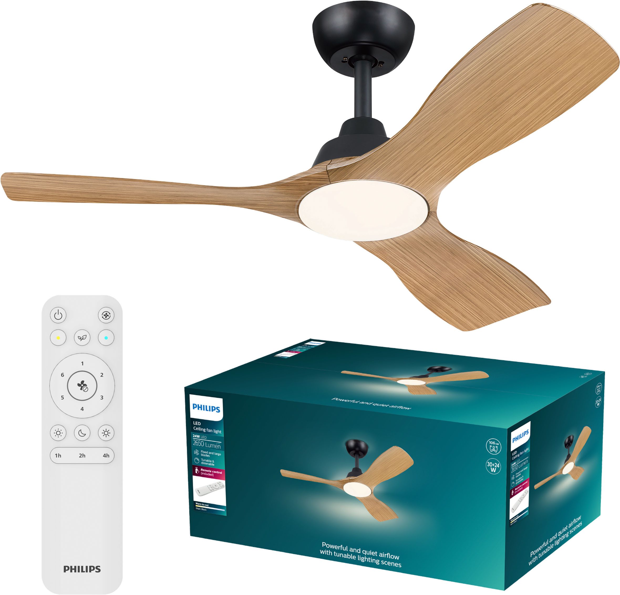 Philips LED Deckenleuchte Olas 24W DC-Ventilator 30W, fixe Rotorblätter, ⌀ 106cm, schwarz-braun, CCT - über Fernbedienung, Dimmer, Dimmfunktion, Ein-/Ausschalter, Farbsteuerung, Fernbedienung, Infrarot inkl., Memoryfunktion, Ventilatorfunktion, dimmbar über Fernbedienung, mehrere Helligkeitsstufen, LED fest integriert, warmweiß - kaltweiß, 3000-6500 Kelvin, dimmbar mit Fernbedienung, 2650 Lumen