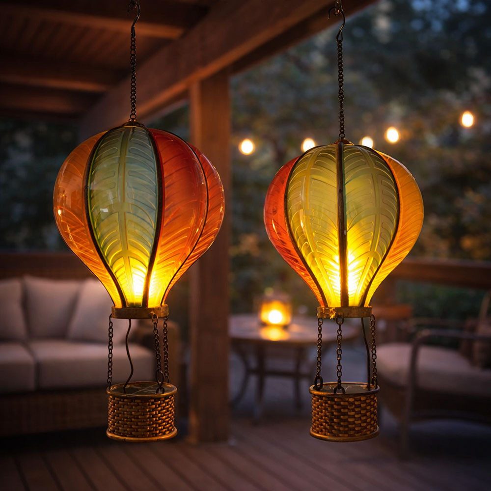 Expo Börse LED Solarleuchte, LED-Leuchtmittel fest verbaut, Warmweiß, Solar Heißluftballon Hängelampe LED Garten Flammeneffekt 2er Set