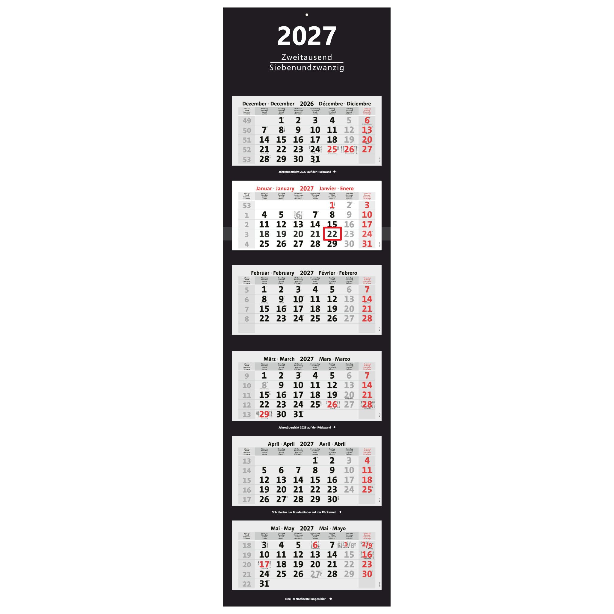 Anschütz Wandkalender Großer 6-Monatskalender 2027 schwarz