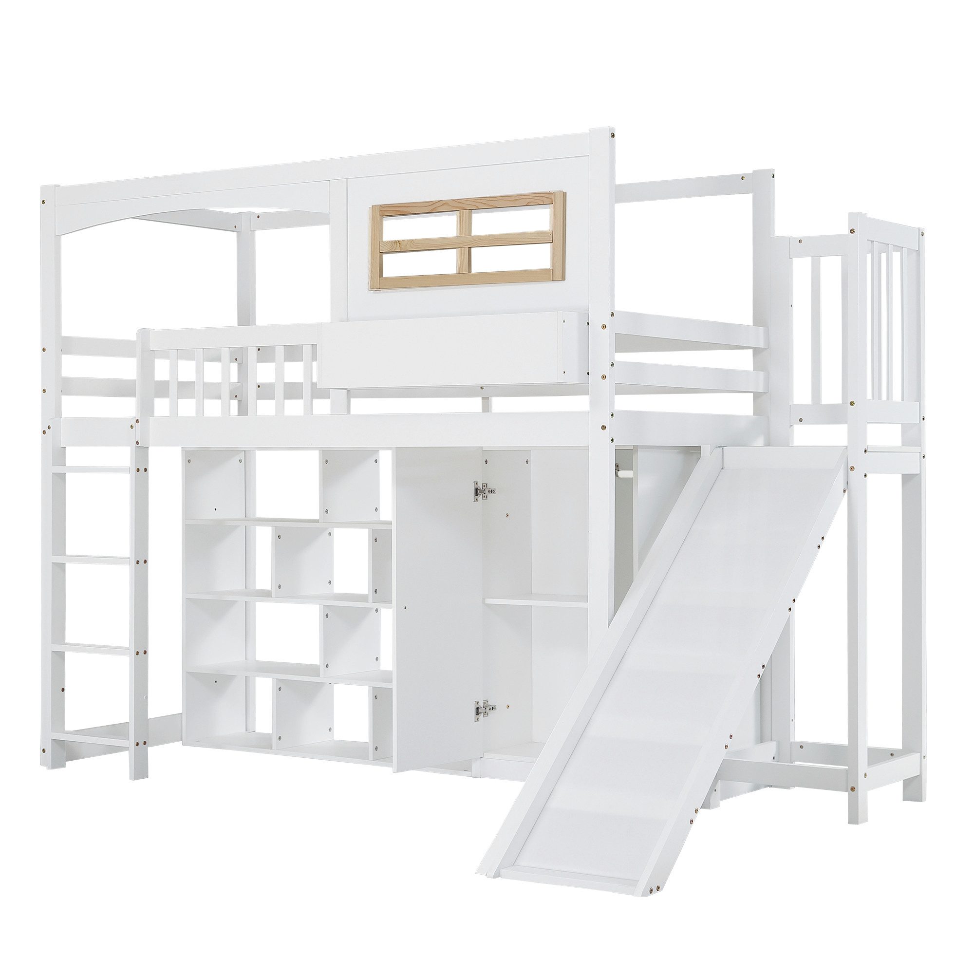 Thanaddo Hochbett Etagenbett, mit Kinderrutsche und Kleiderschrank, Reichlich Stauraum