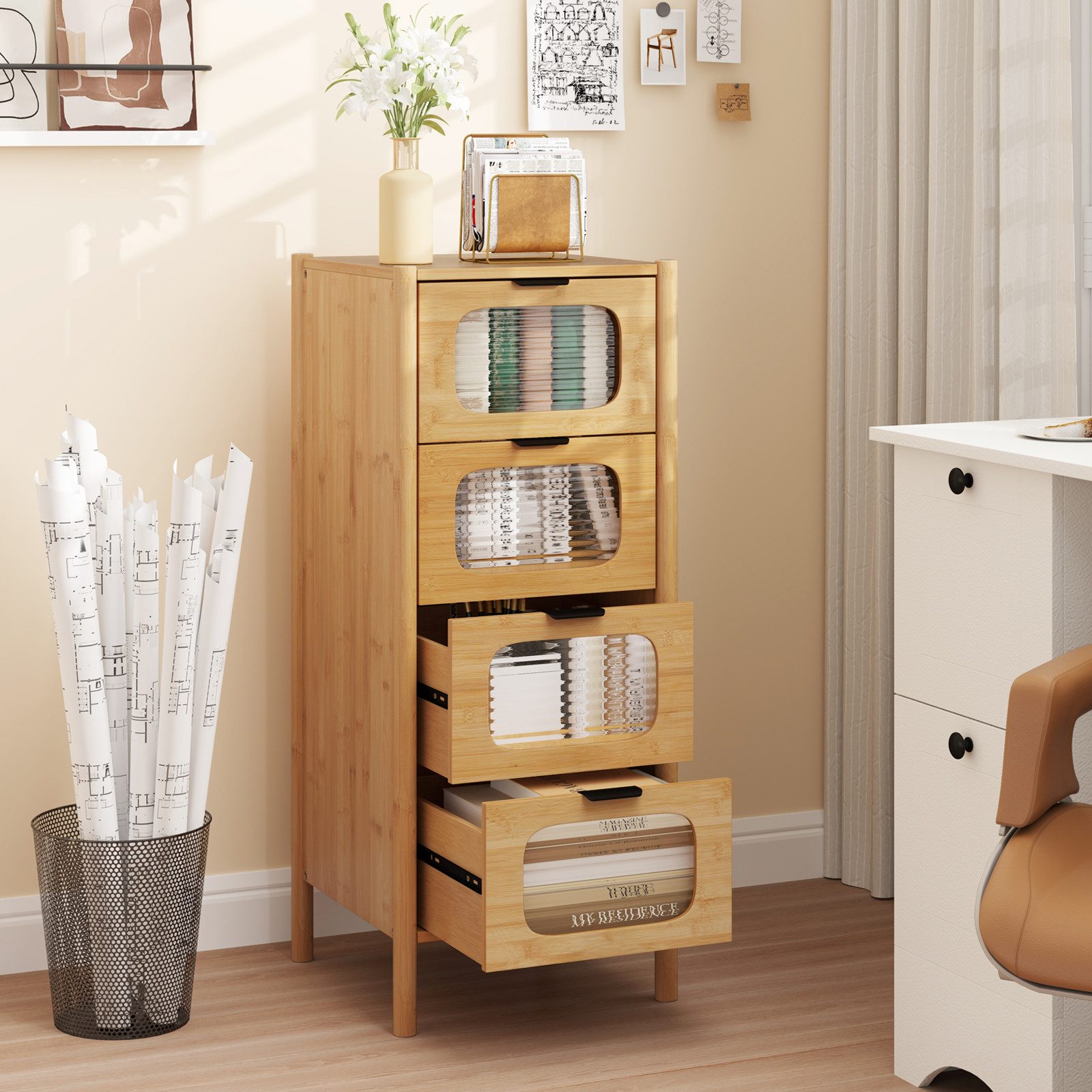 COSTWAY Kommode, 4 Schubladen, Sideboard aus Bambus & Glas, 40x40x97cm