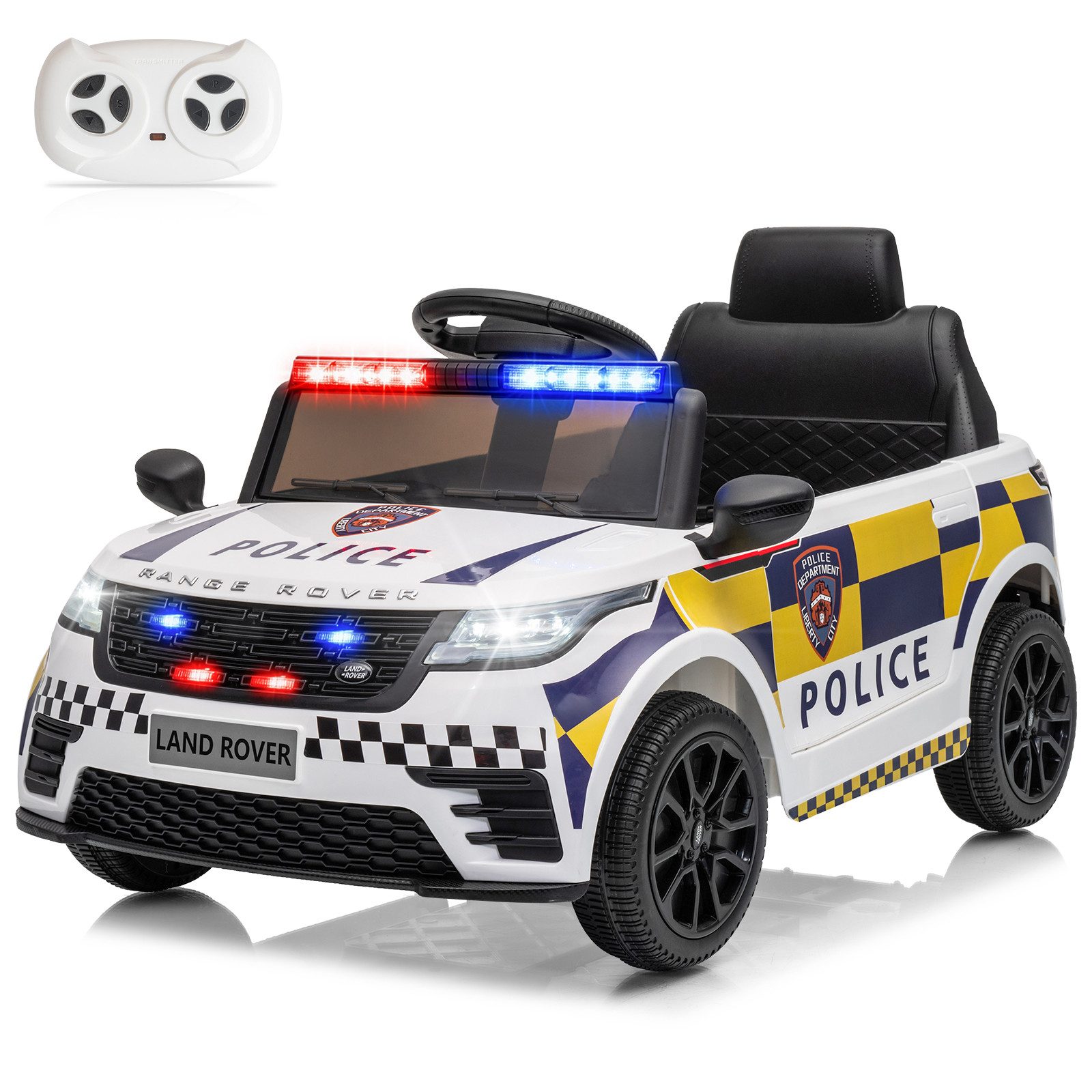 LALAHO Elektro-Kinderauto Kinderauto Polizeiauto,12V 4.5A.h LAND ROVER, Ausgestattet mit Bluetooth, Musik, Hupe und USB