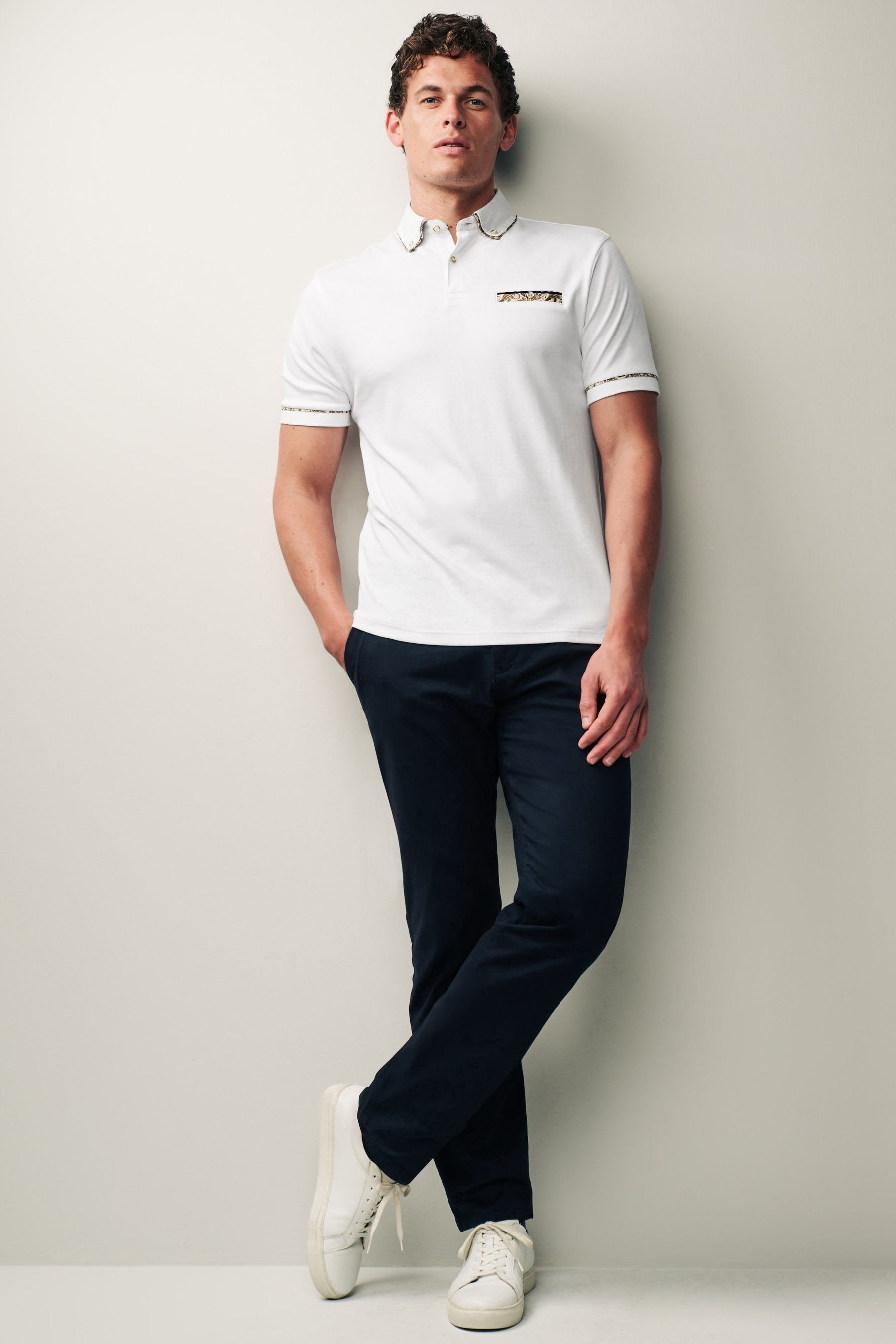 Next mit (1-tlg) Poloshirt White/Gold Kragen Polohemd elegantem