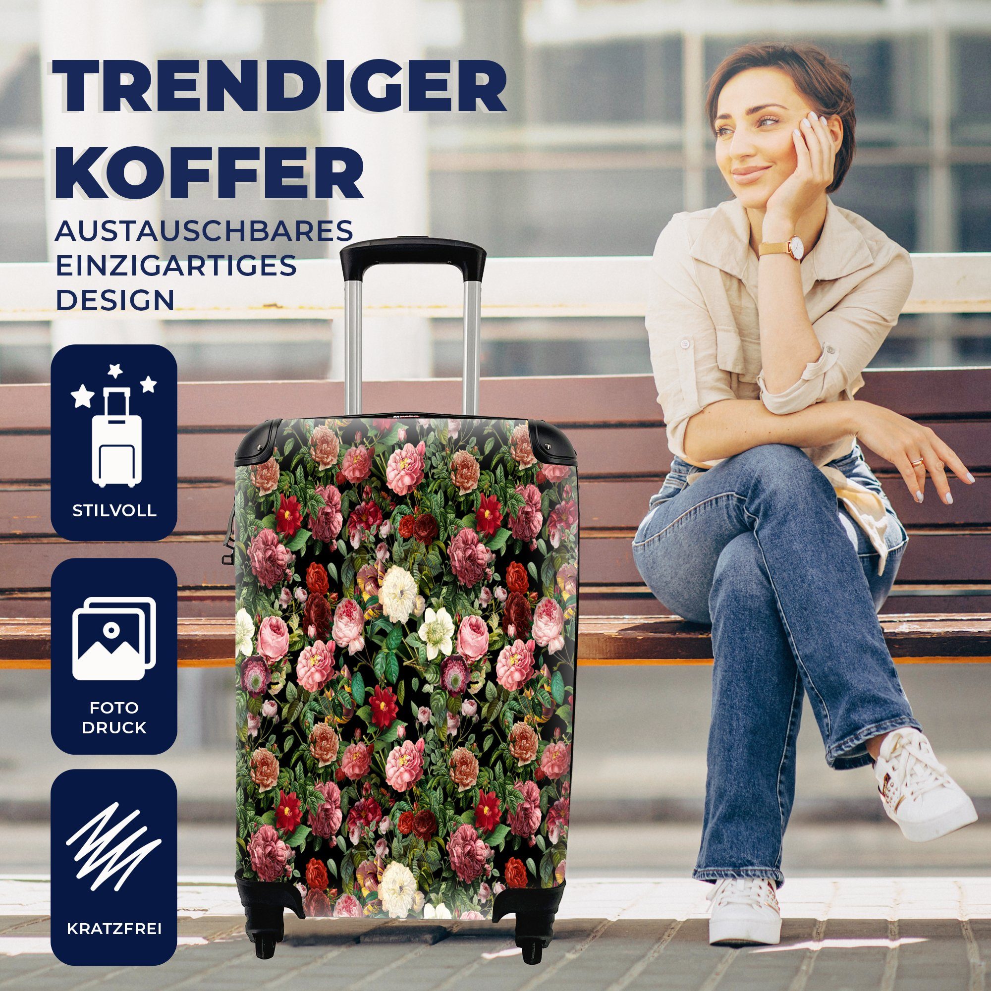 Vintage Trolley, 4 Rollen, für rollen, Handgepäck Reisetasche Reisekoffer Rosen, Ferien, - mit - MuchoWow Blumen Handgepäckkoffer