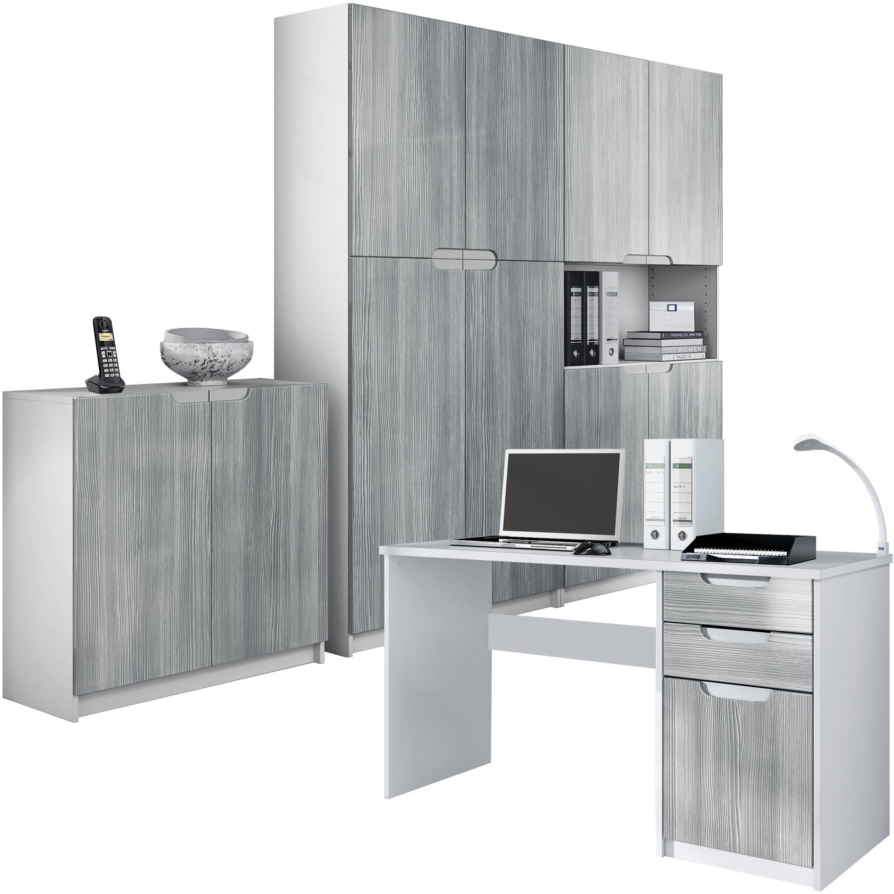 Vladon Aktenschrank Logan (Büromöbel-Set, 4-St., mit 1 Schreibtisch, 2 Schränken und 1 Kommode) Weiß matt/Avola-Anthrazit (246 x 60 x 185 cm) Fronten in Avola-Anthrazit