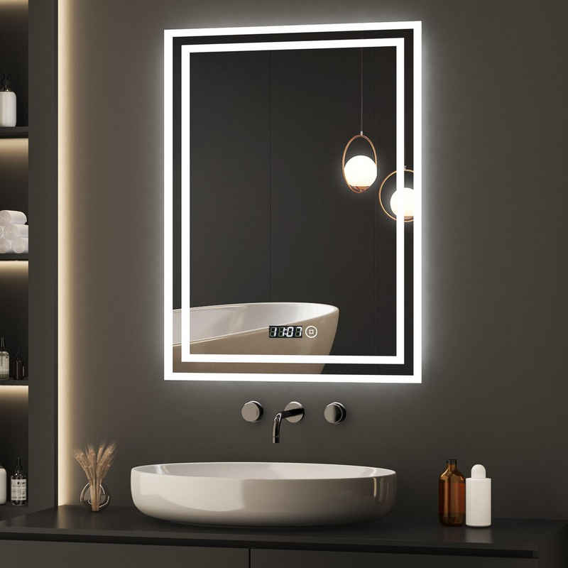 WDWRITTI LED-Lichtspiegel LED Badspiegel mit Uhr Touch 50x70 (Wandspiegel mit Beleuchtung Speicherfunktion, Helligkeit Dimmbar), Kaltweiß-6500K, Neutral-4000K, Warmweiß-3000K