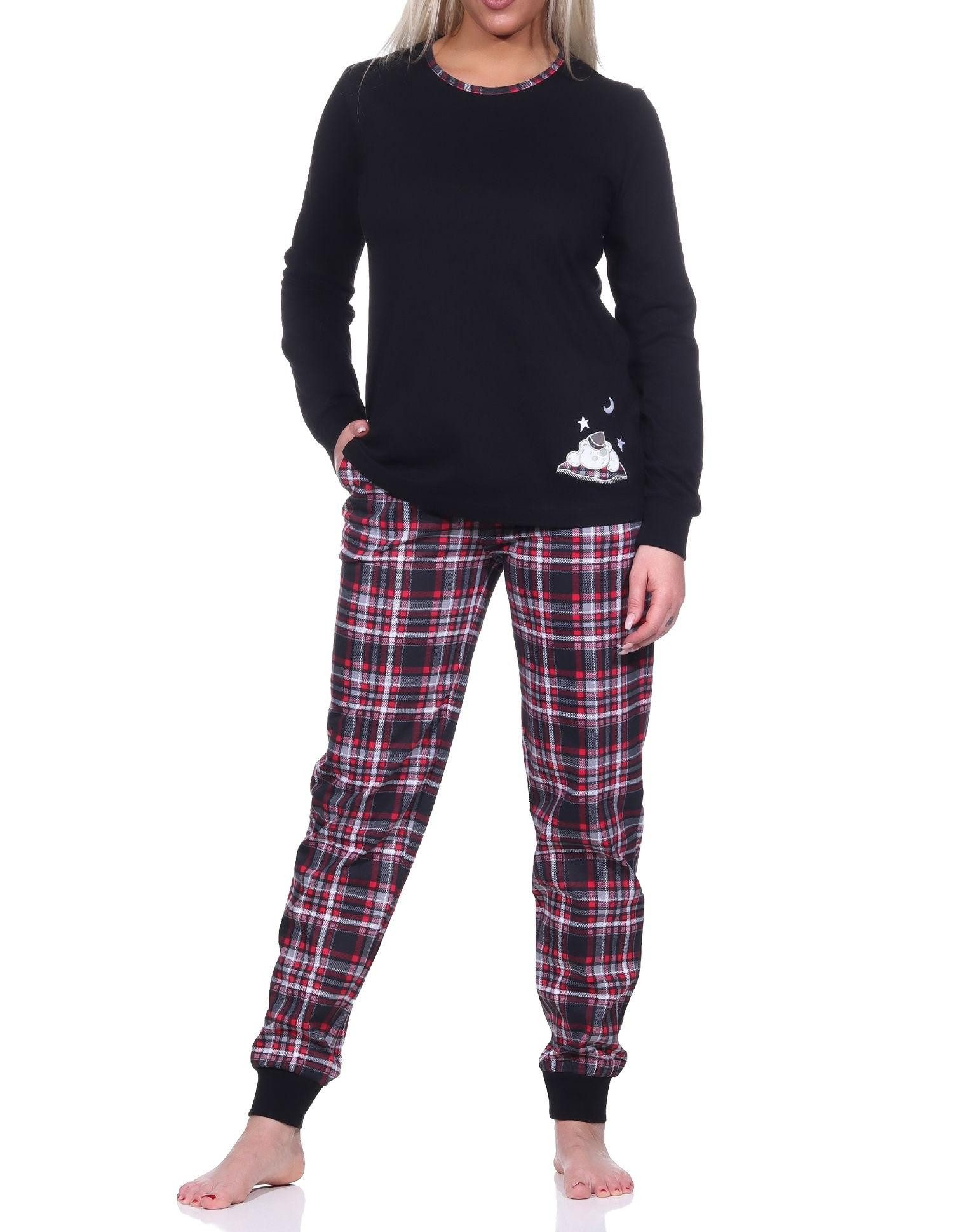 Pyjama Damen Schlafanzug mit Bündchen mit Karohose und süßem Tiermotiv