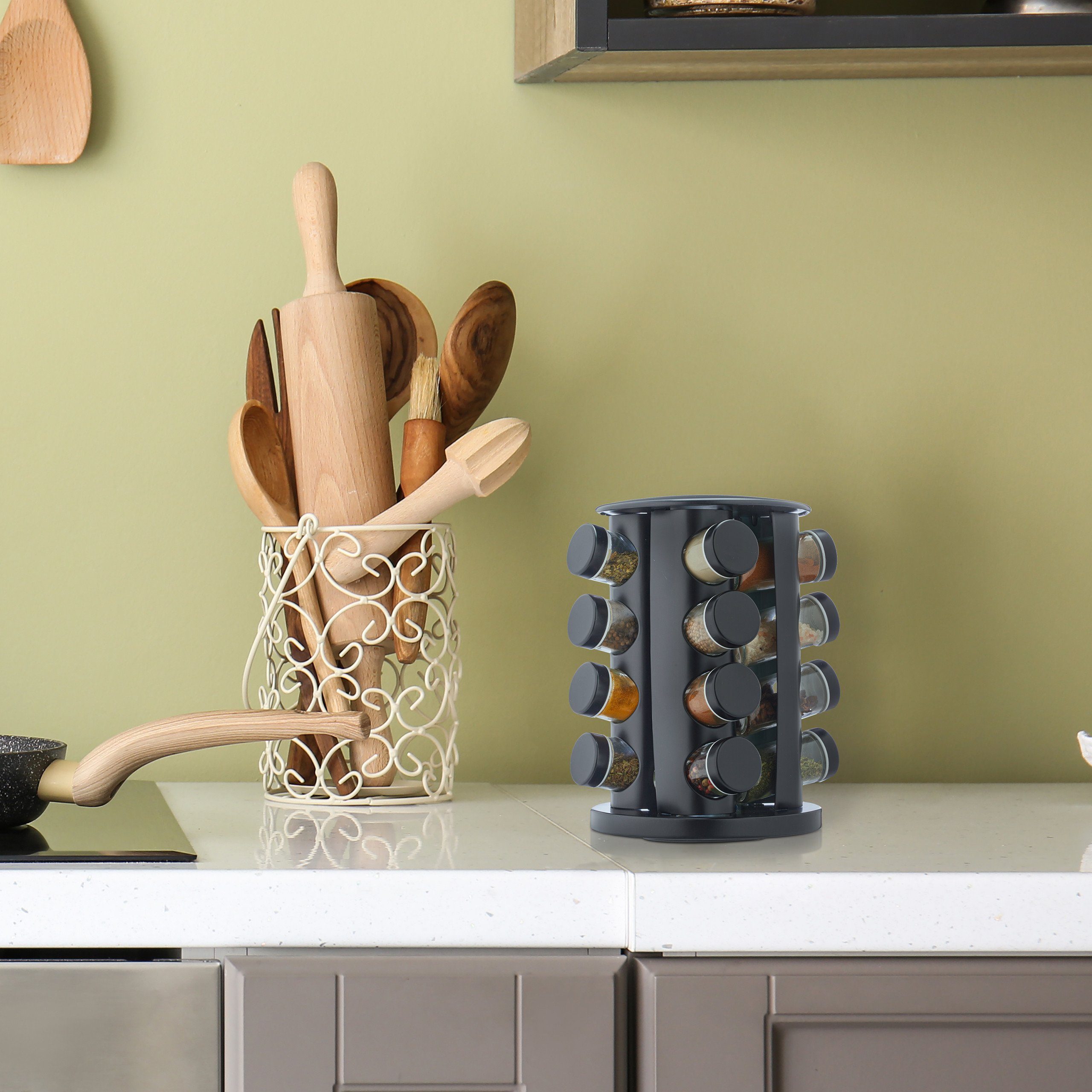 relaxdays Gewürzregal Gewürzkarussell mit 16 Gläsern günstig online kaufen