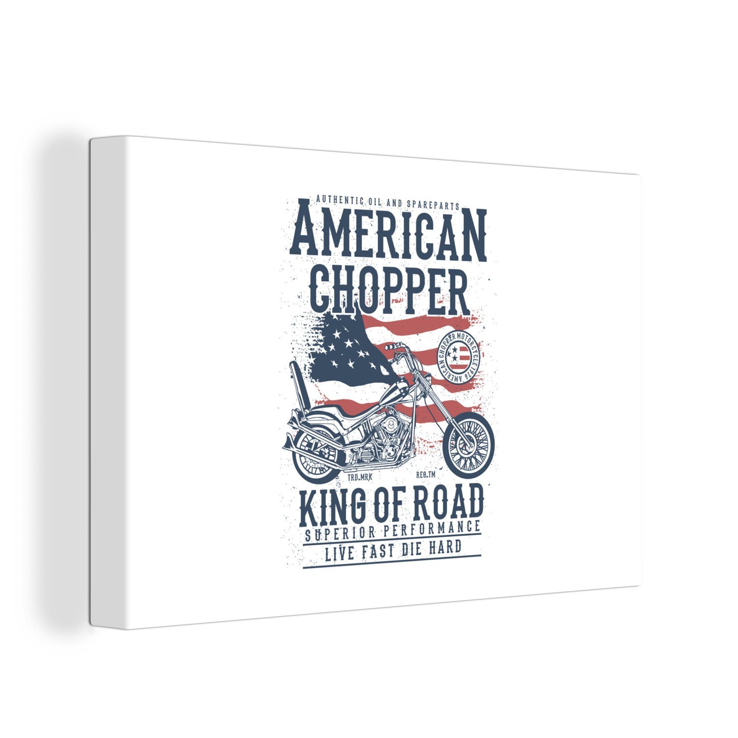 OneMillionCanvasses® Leinwandbild Mancave - Motorrad - Vintage - Amerika - Flagge, (1 St), Wandbild Leinwandbilder, Aufhängefertig, Wanddeko, 30x20 cm
