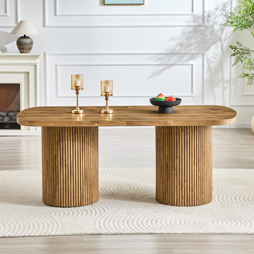 BBWL Esstisch mit geriffeltem Säulenfuß, Wabi-Sabi Mid-Century Küchentisch, Ovaler Esstisch MDF Holzoptik