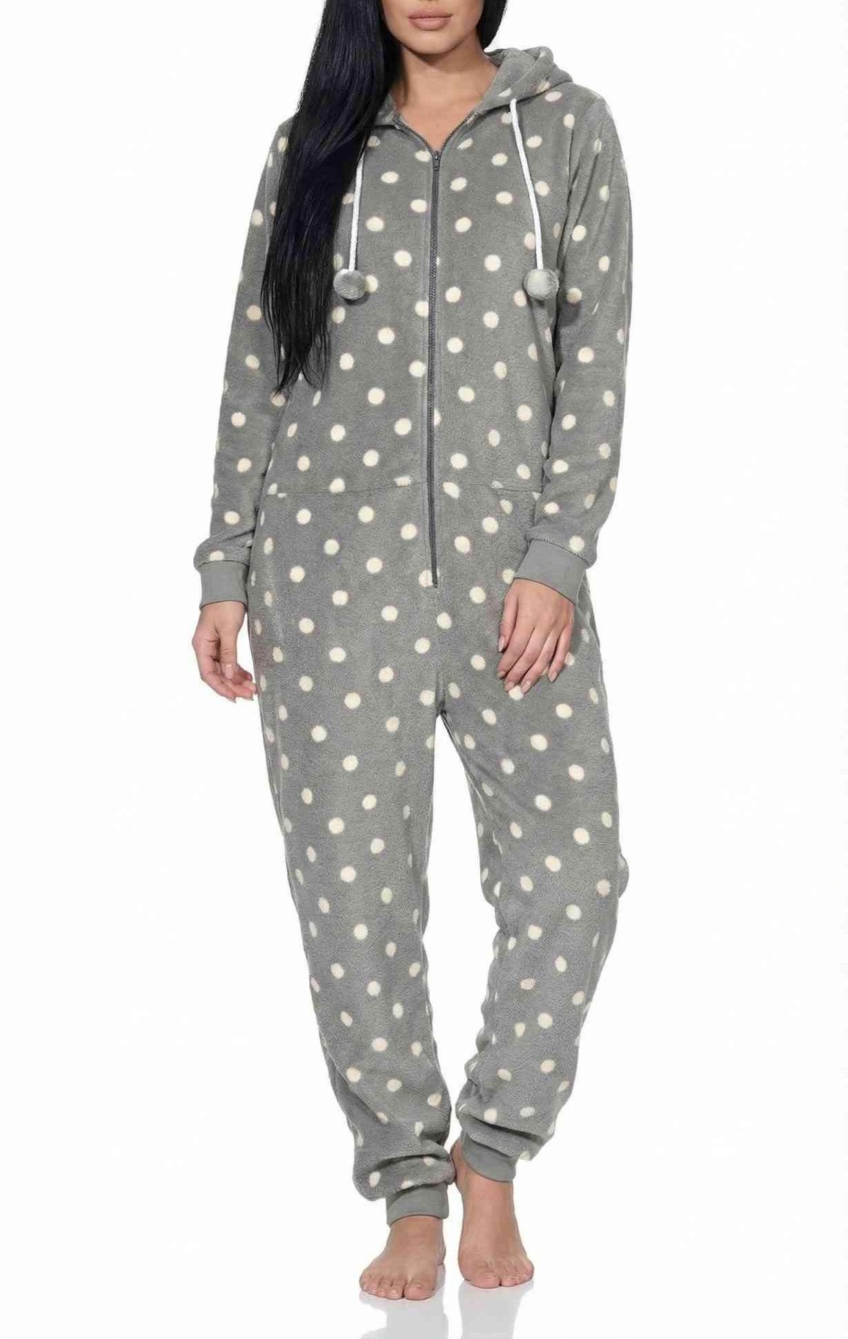 Normann Pyjama Damen Schlafanzug Jumpsuit Overall in Tupfen Optik aus Coral Fleece