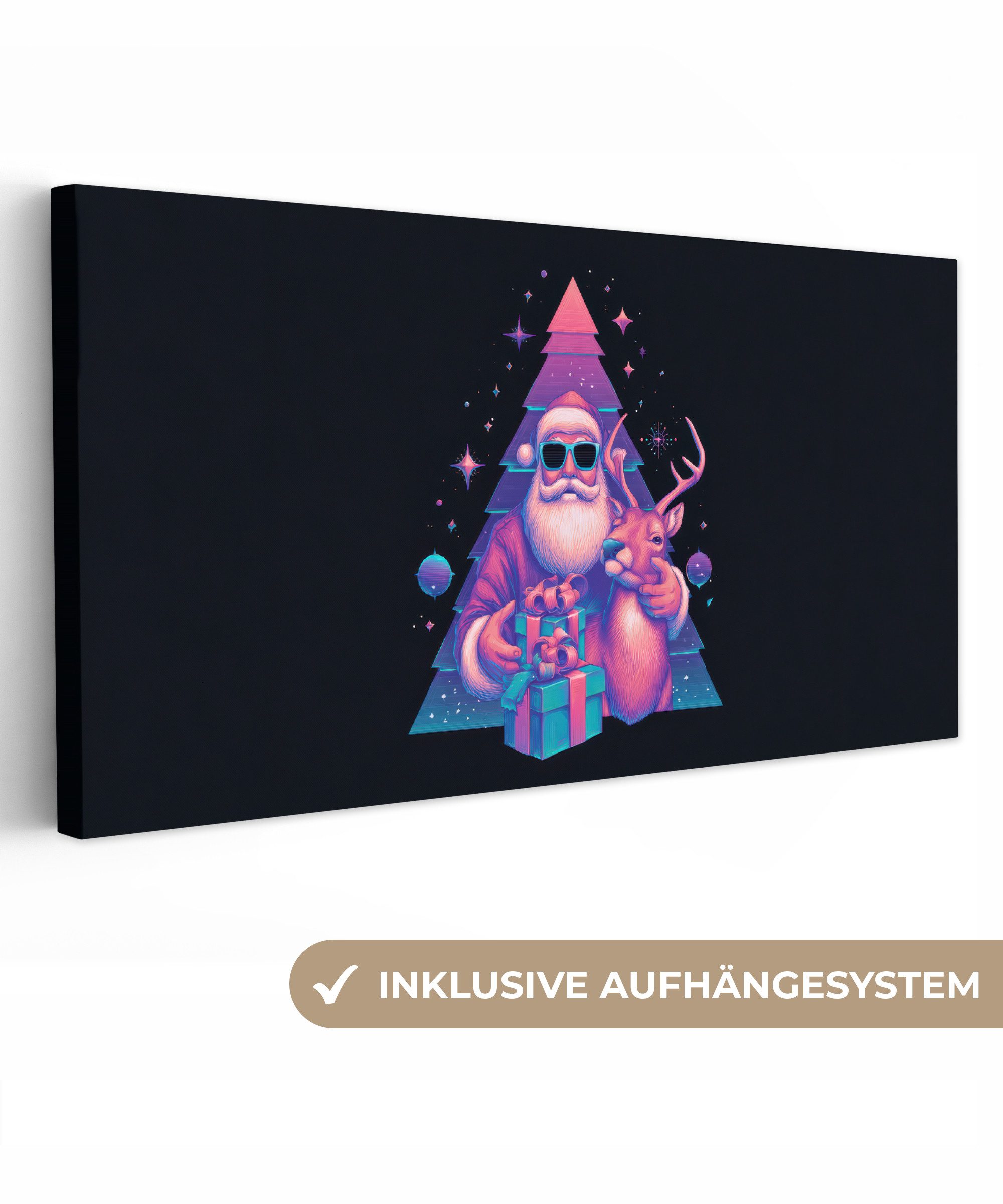 OneMillionCanvasses® Leinwandbild Panorama Retro - Weihnachtsmann - Rentier - Weihnachtsbaum, Fotodruck (1 St), Wandbild, Deko Schlafzimmer Wohnzimmer Flur 40x20 cm