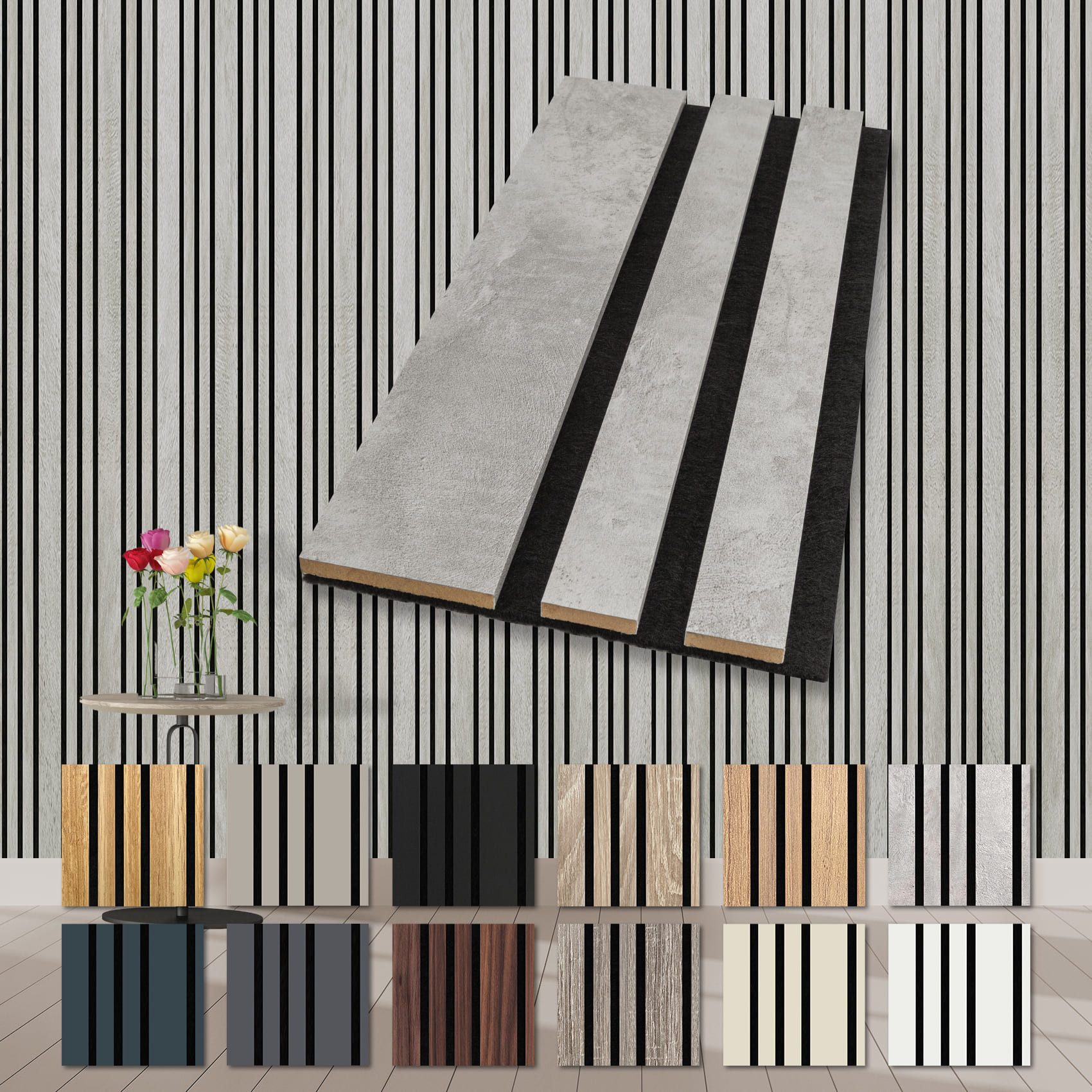 Hexim Wandpaneel, (Akustikpaneele Holz Musterstück Mila - flexible Holzpaneele Wanddeko Wand Kombipaneel Wandverkleidung innen Schalldämmung Akustikfilz grau Chicago Concrete)