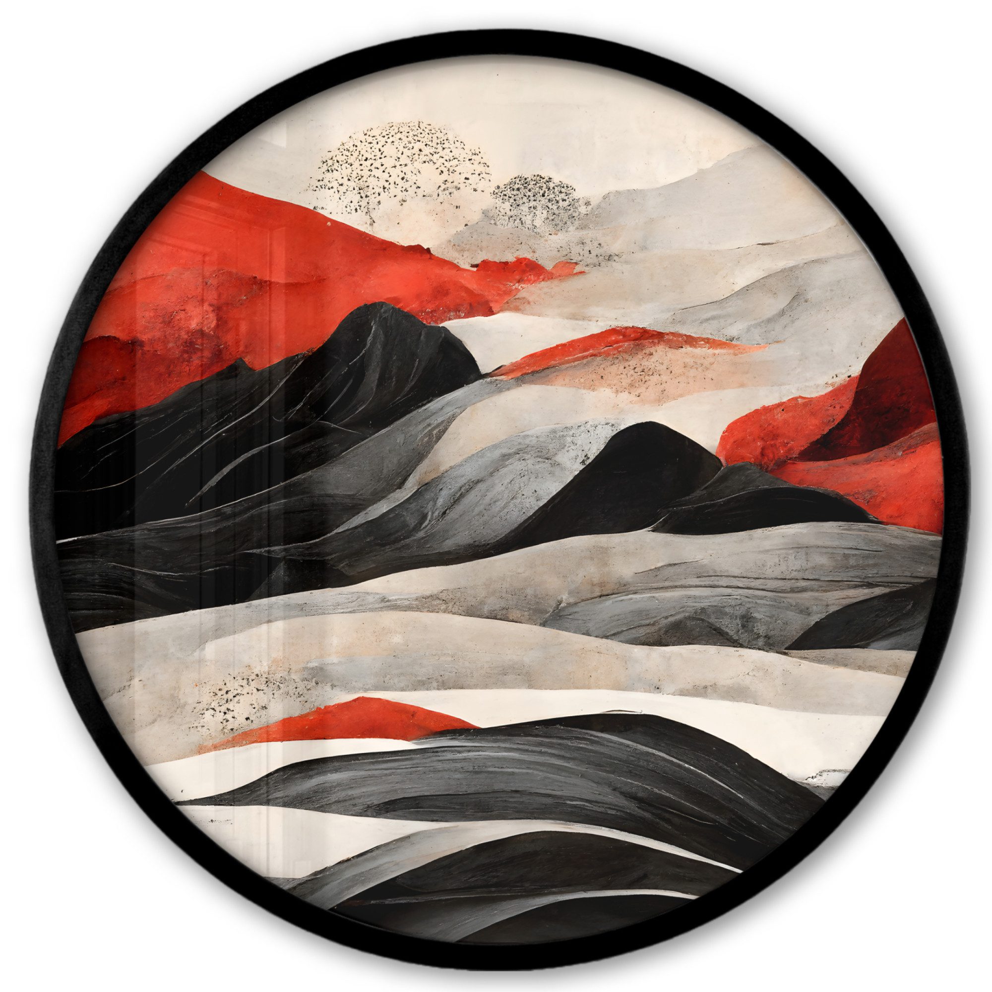 MuchoWow Poster Rund - Kunst - Berge - Rot - Weiß - Schwarz, (1 St), Runde Wandbilder, Deko für Wohnzimmer und Schlafzimmer, 40x40 cm
