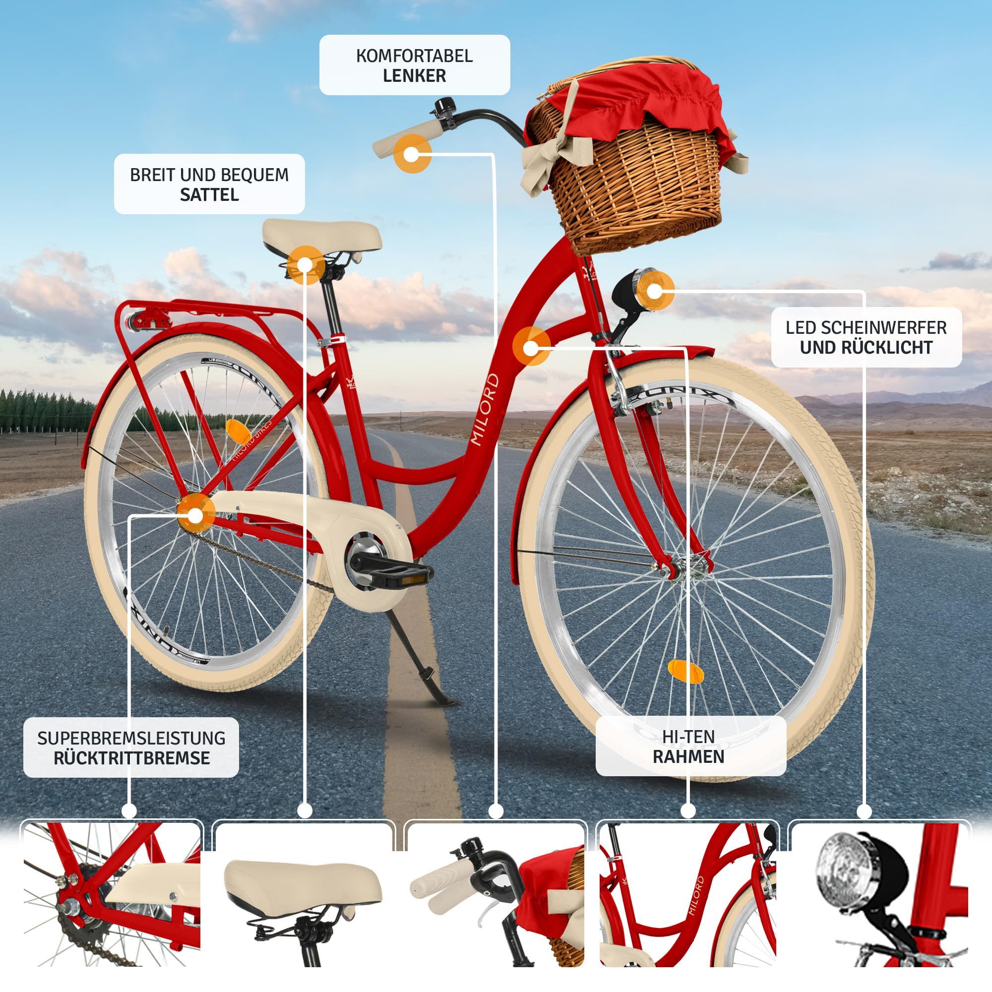 Milord Cityrad Milord City Fahrrad Weidenkorb Damenfahrrad, 28/26 Zoll, Rot, 1-Gang, 1 Gang, (Fahrradständer, Gepäckträger, Klingel, Korb, Kotflügel)