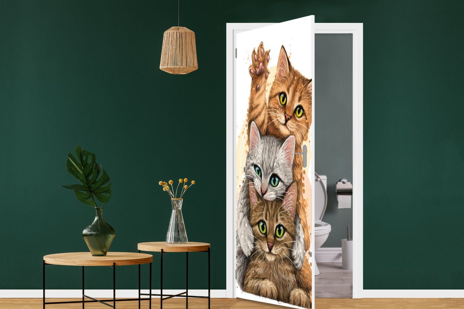 Haustiere 75x205 bedruckt, Türaufkleber, Fototapete Illustration - - Katze, für - St), cm Matt, MuchoWow (1 Katzen Türtapete Tür,