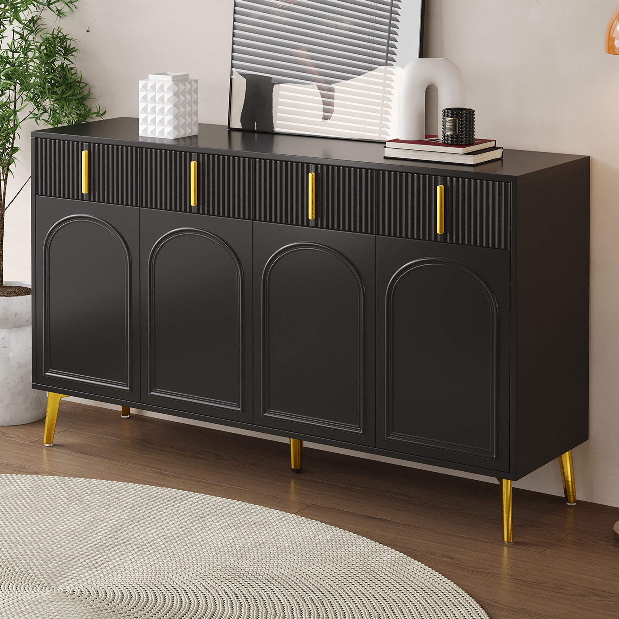 Merax Sideboard mit 4 Türen und 4 Schubladen (mit verstellbaren Einlegeböden und goldenen Beinen, H82/B140/ T37.8 cm), Kommode Anrichte Mehrzweckschrank für Wohnzimmer und Schlafzimmer
