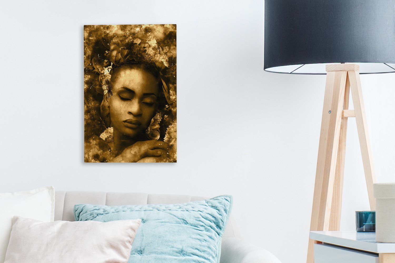OneMillionCanvasses® Leinwandbild Frau - (1 St), Gemälde, inkl. - 20x30 cm bespannt fertig Blumen Leinwandbild Zackenaufhänger, Sepia