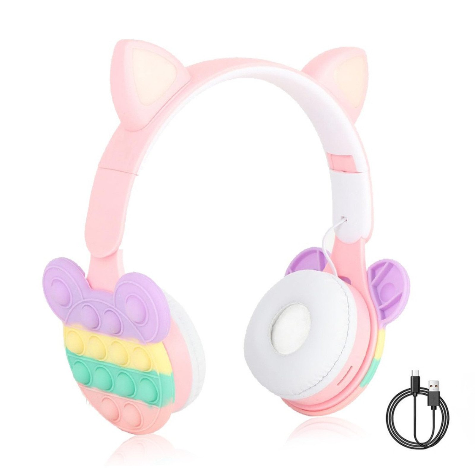 Tekoo Kinderkopfhörer Bluetooth 5.3 LED Katzenohren Pop-It Design AUX Kinder-Kopfhörer (LED Katzenohren, Pop-It Design, Faltbar, Lautstärkebegrenzung)