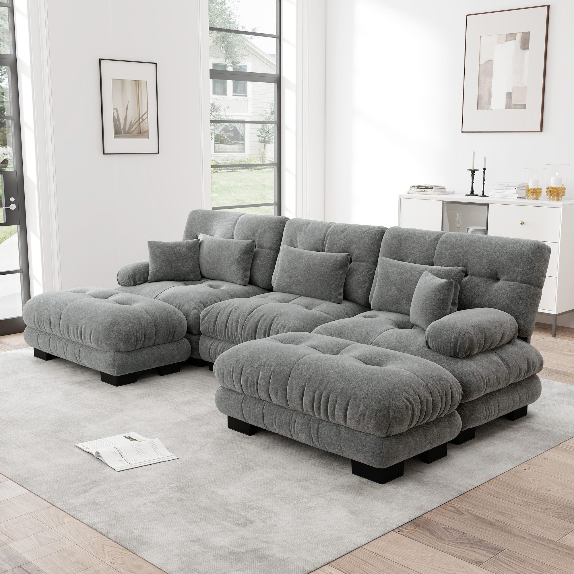 HAUSS SPOLE Schlafsofa aus Chenille,Relaxsofa Dreisitzer mit Kissen & zwei Hocker,Grau