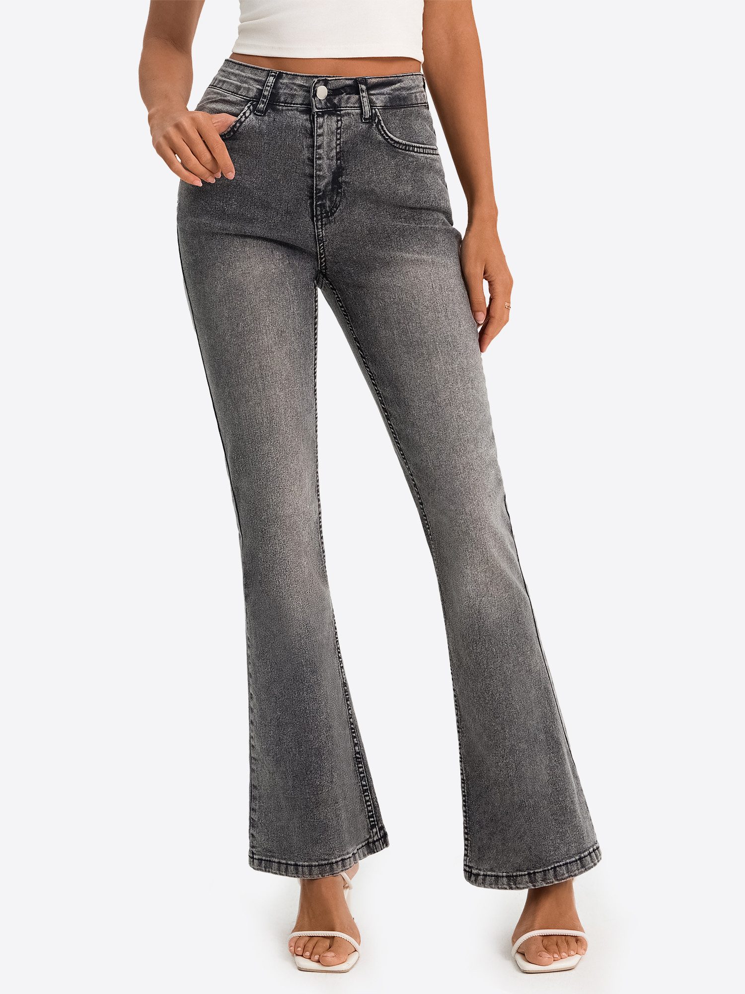 Imily Bela Bootcut-Jeans Damen High-Waist Flared Jeans aus Baumwolle Denim mit Stretch Slim (Packung, 1-tlg., 1per-Pack) 4-Pocket Style in Unifarbe