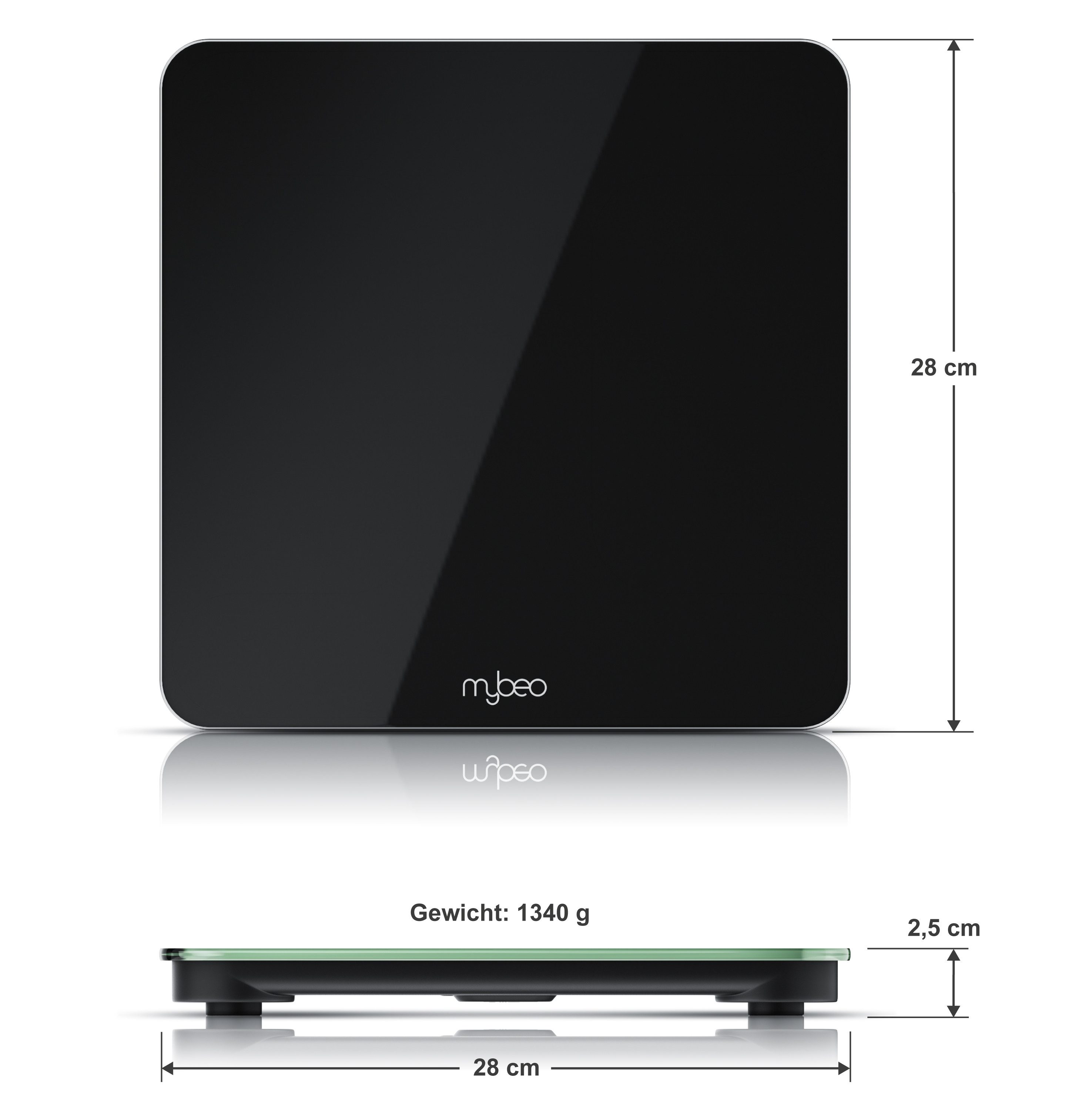 MyBeo Personenwaage digitale Waage für Personen, große Trittfläche aus 6mm Sicherheitsglas, 1-tlg., Badezimmer Digitalwaage, schmales Design, max. Belastung über 150 kg
