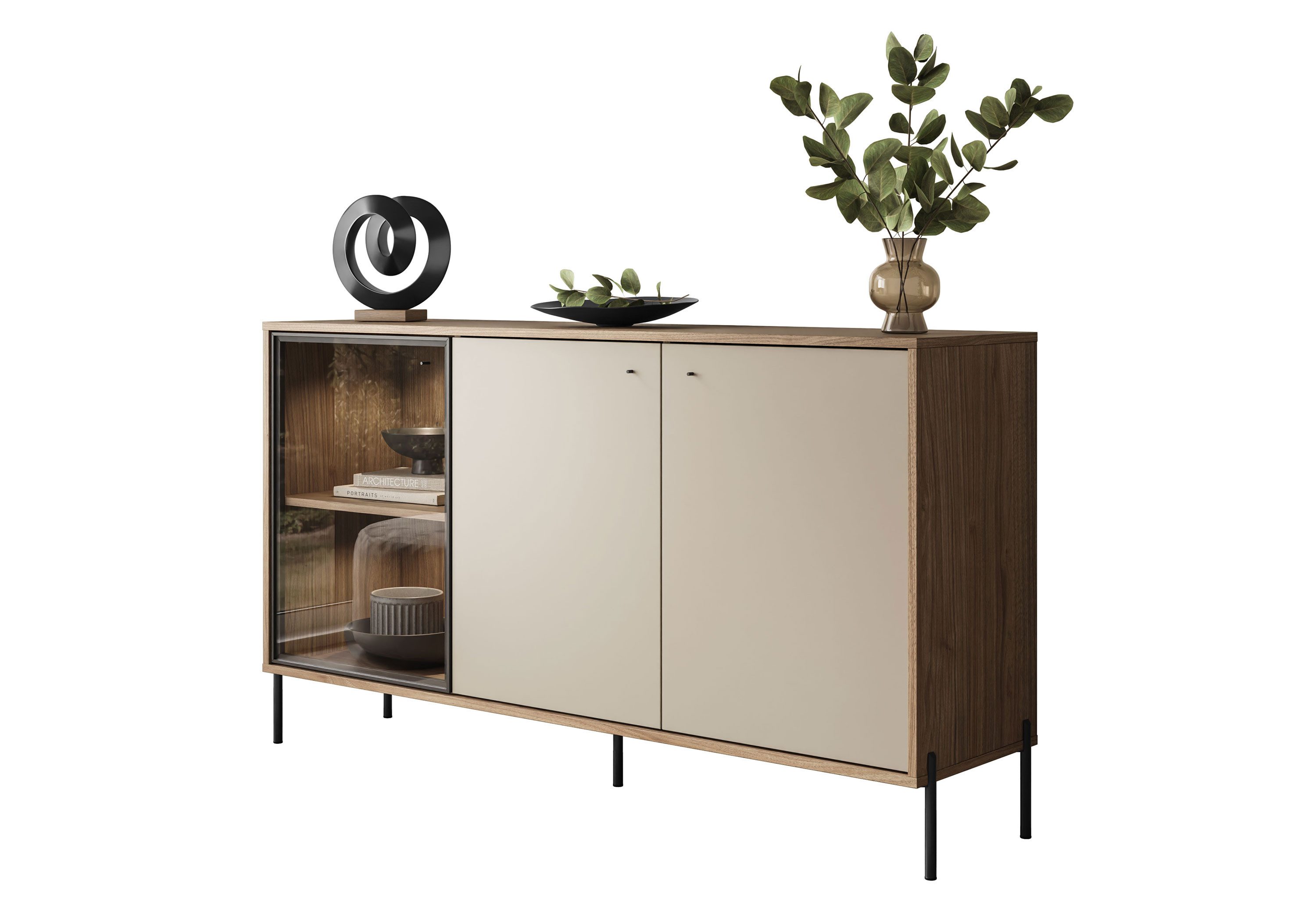 Lookway Kommode ISA 3D Sideboard mit drei Türen und LED-Beleuchtung, 151x90x40 cm