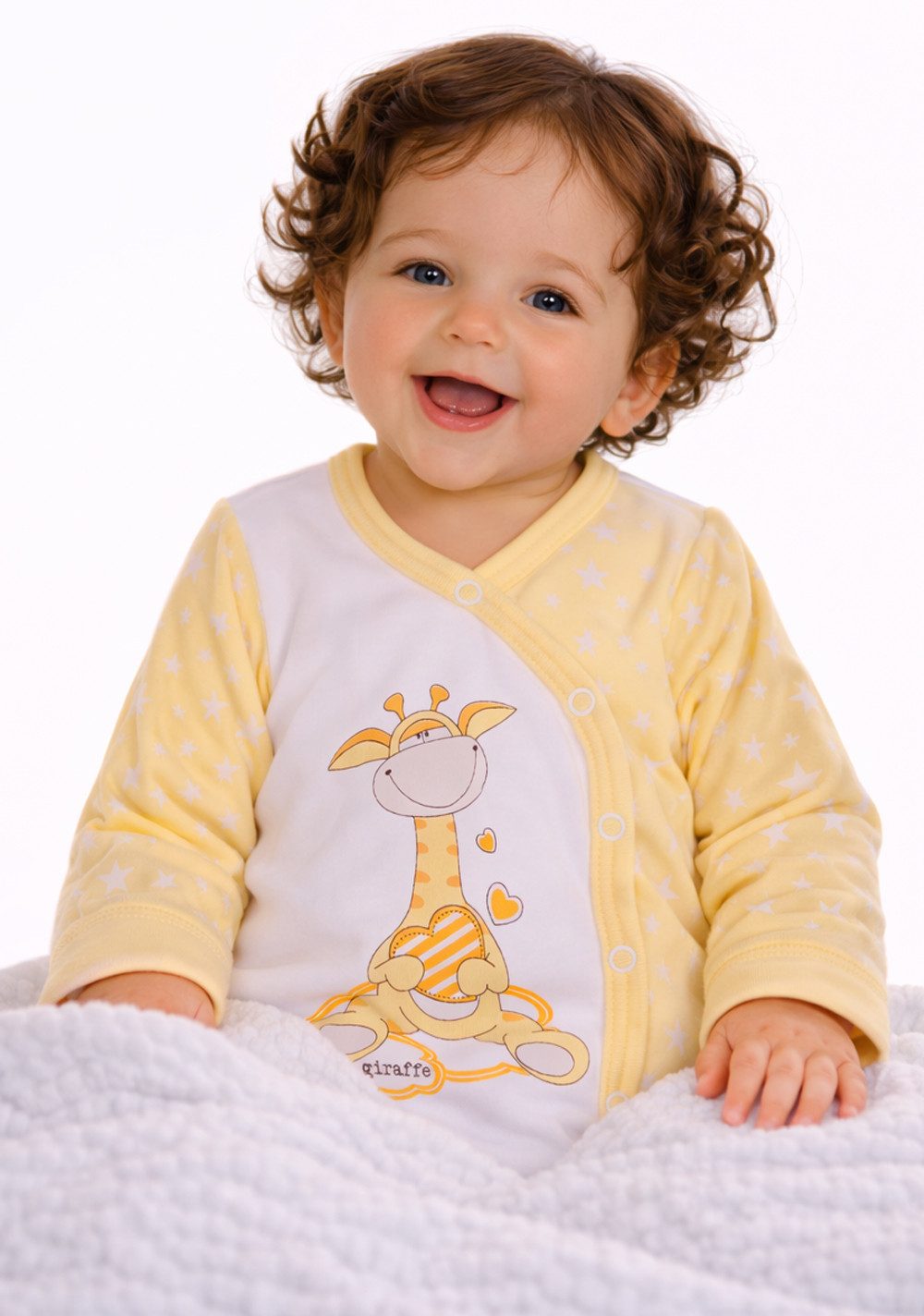 La Bortini Wickelbody Baby Body Wickelbody langarm in weiß gelb mit Giraffe aus reiner Baumwolle