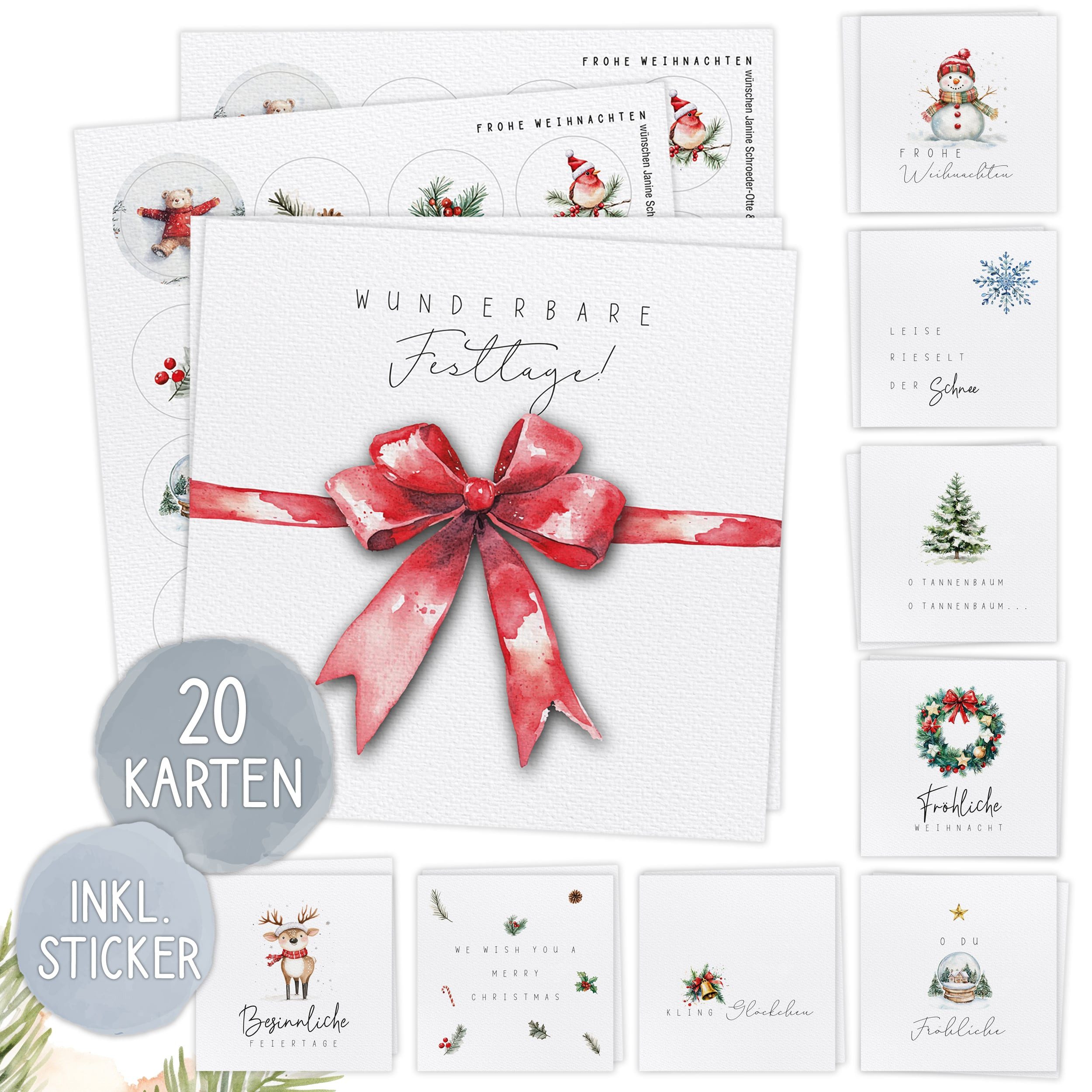 TOBJA Weihnachtskarte 20x XXL Weihnachtskarten Set mit Stickern - Edle Weihnachten, 20 große festliche Weihnachtskarten (14,8 x 14,8 cm) Postkarten