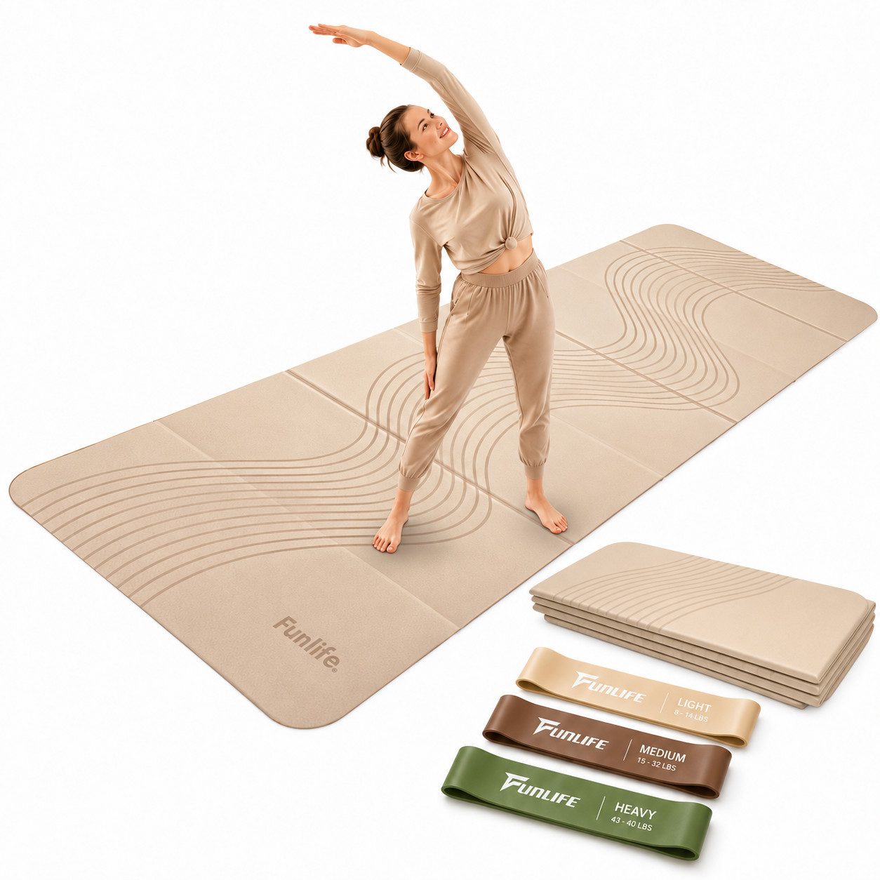 FunLife Yogamatte FOLD Design-Edition – Einzelmatte oder Set mit 3 Fitnessbändern (Einzelmatte), 10 mm dick, faltbar, platzsparend, 190 × 66 cm