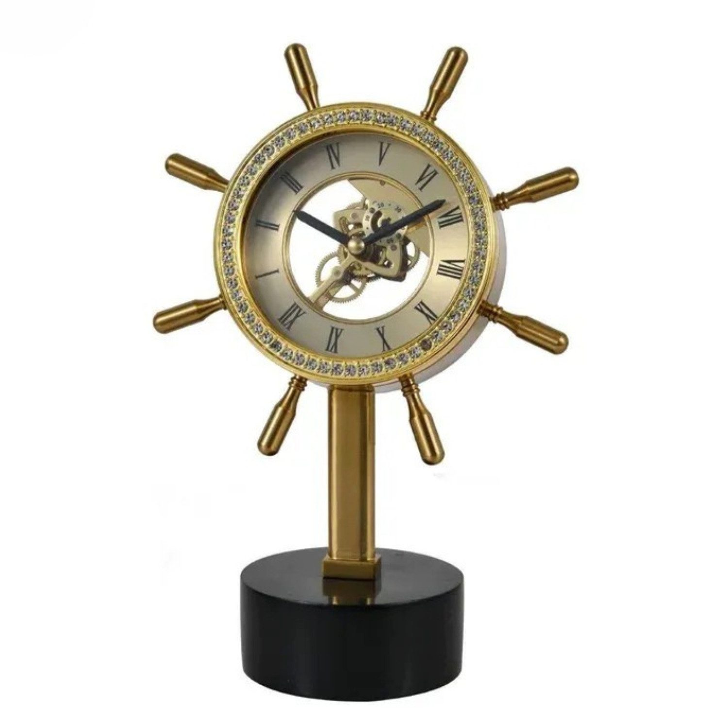 Quality Elegance Dekoobjekt Goldene nautische Tischuhr aus Kristall, Metall und Marmor