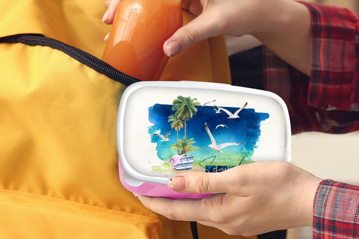 MuchoWow Lunchbox Brotdose Vogel - Kunststoff, - für Palme Brotbox (2-tlg), Snackbox, Erwachsene, rosa Himmel Mädchen, Kinder, - Strand, Kunststoff