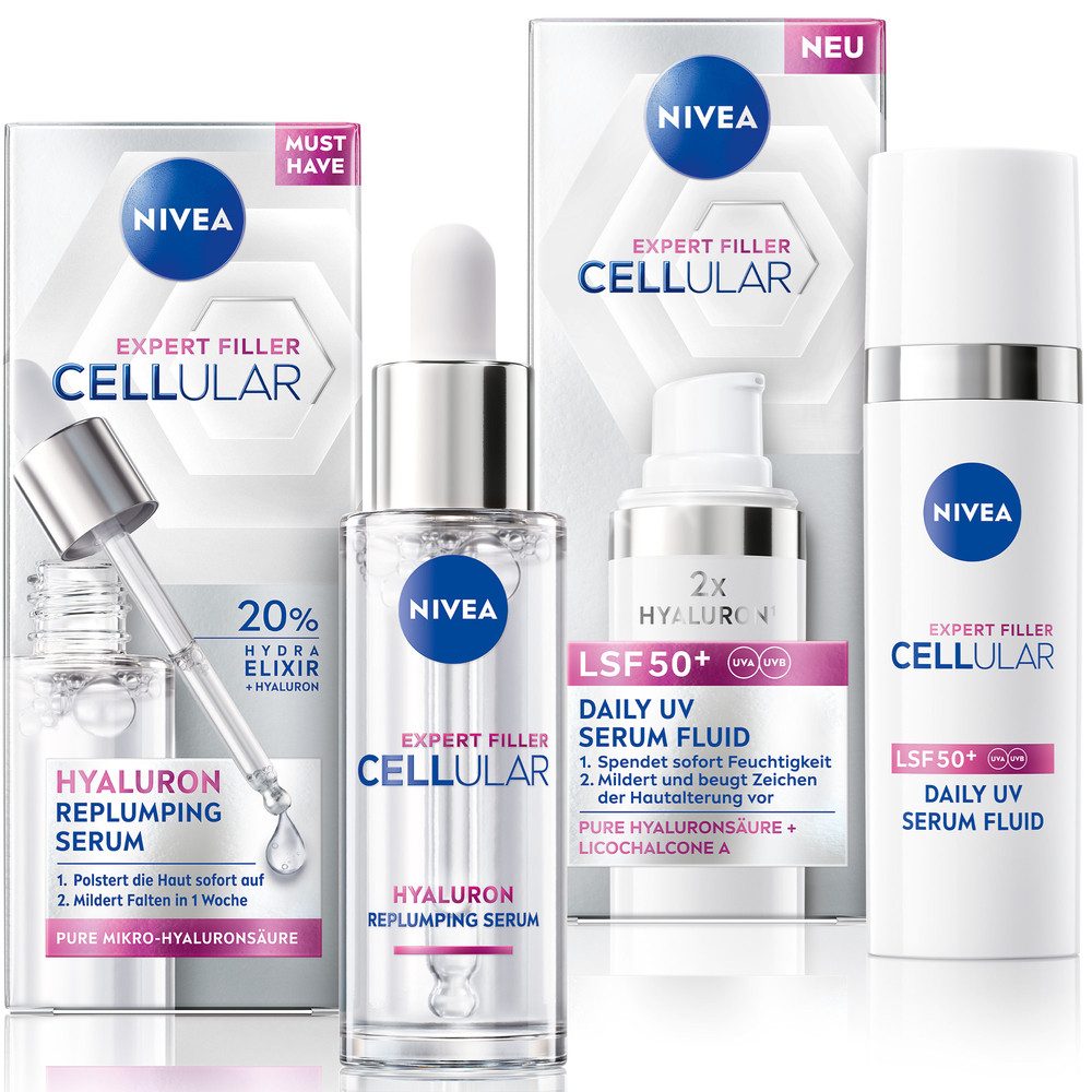 Nivea Pflege-Set Serum Routine Set mit Hyaluron-Serum + UV-Serum Fluid mit LSF 50, 2-tlg., für das Gesicht, mit Hyaluron-Serum, leicht, schnell einziehend
