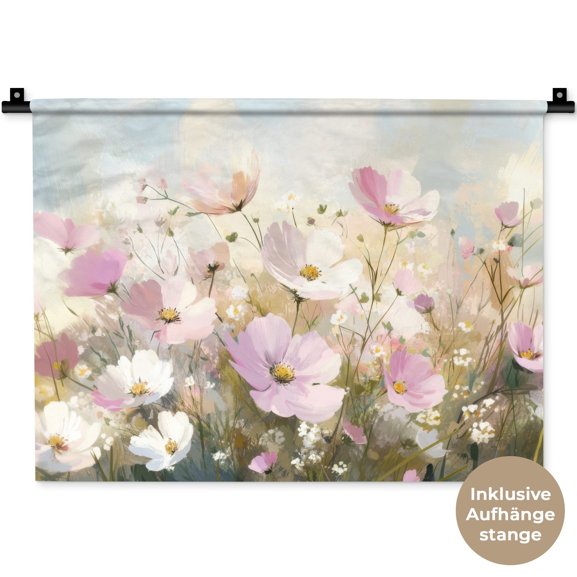 MuchoWow Wandteppich Blumenfeld - Helle Farbtöne - Gemalt, Rechteckig, Höhe: 3 mm, Wanddeko Teppich Wohnzimmer, Schlafzimmer, 60x45 cm