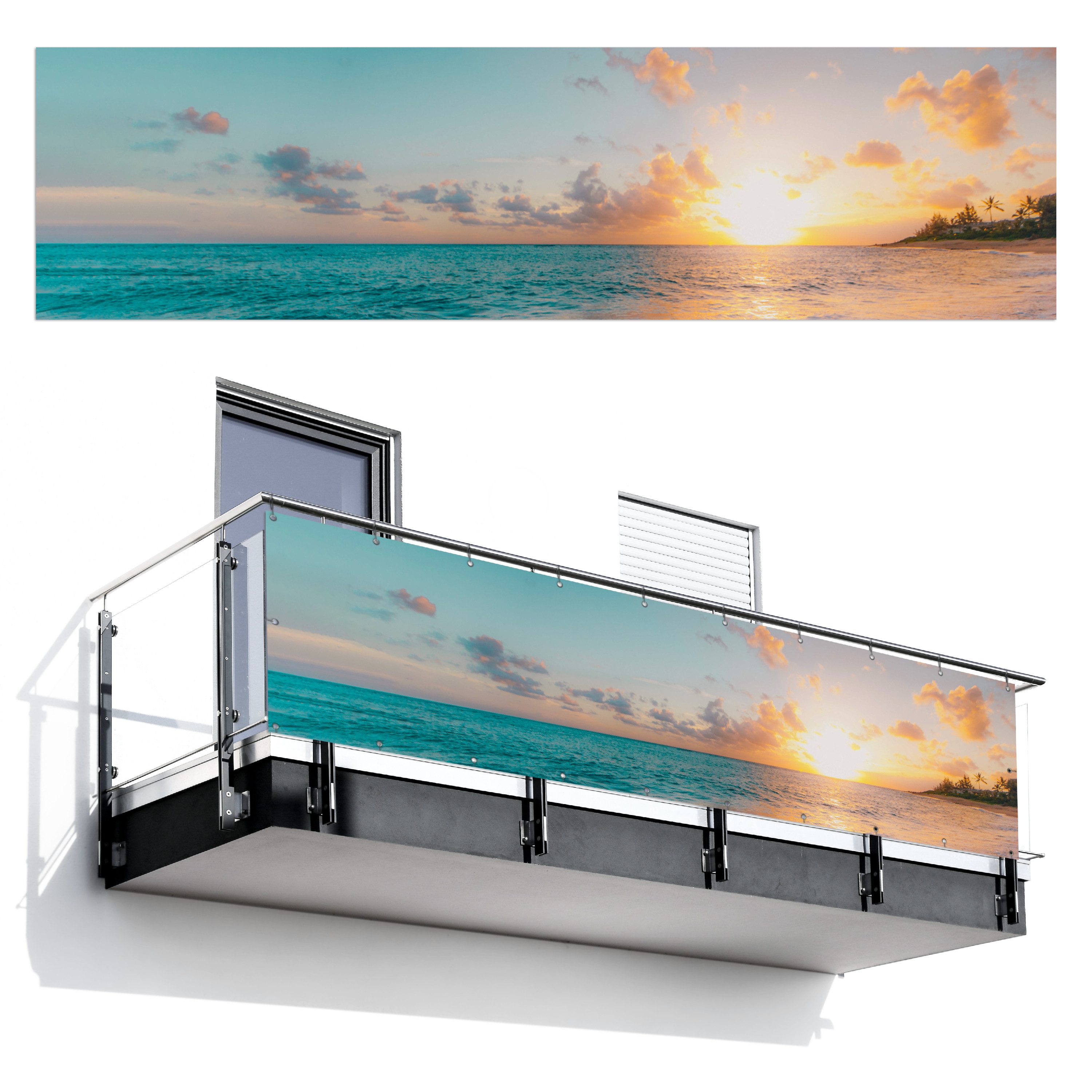 MuchoWow Balkonsichtschutz Sonnenuntergang - Strand - Meer - Sommer - Blau (1-St) Wind- und Sichtschutz für den Balkon Terrassen, 300x85 cm