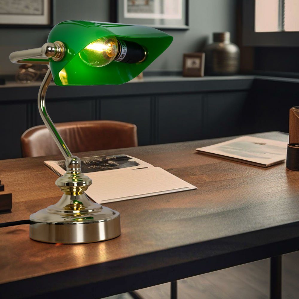 Globo Schreibtischlampe, Leuchtmittel E14 inklusive, Messing beweglich nicht Tischleuchte grün Bankerleuchte
