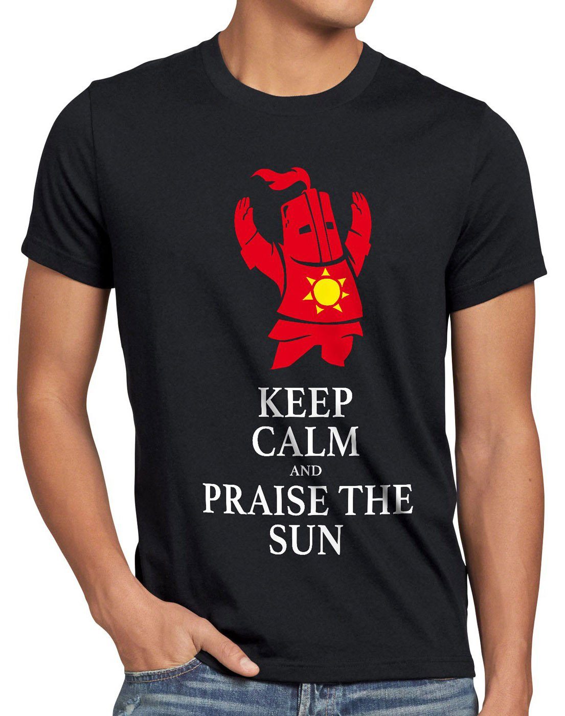 style3 Print-Shirt Herren T-Shirt Keep Calm Praise the Sun Dark Sunbro Solaire Souls Sonnen Ritter schwarz