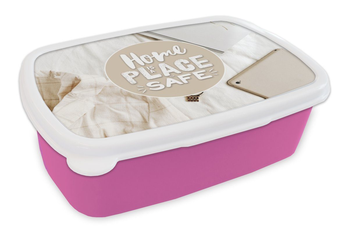 MuchoWow Lunchbox Sprichwörter - 'Das Zuhause ist ein Ort der Sicherheit' - Zitate, Kunststoff, (2-tlg), Brotbox für Erwachsene, Brotdose Kinder, Snackbox, Mädchen, Kunststoff rosa