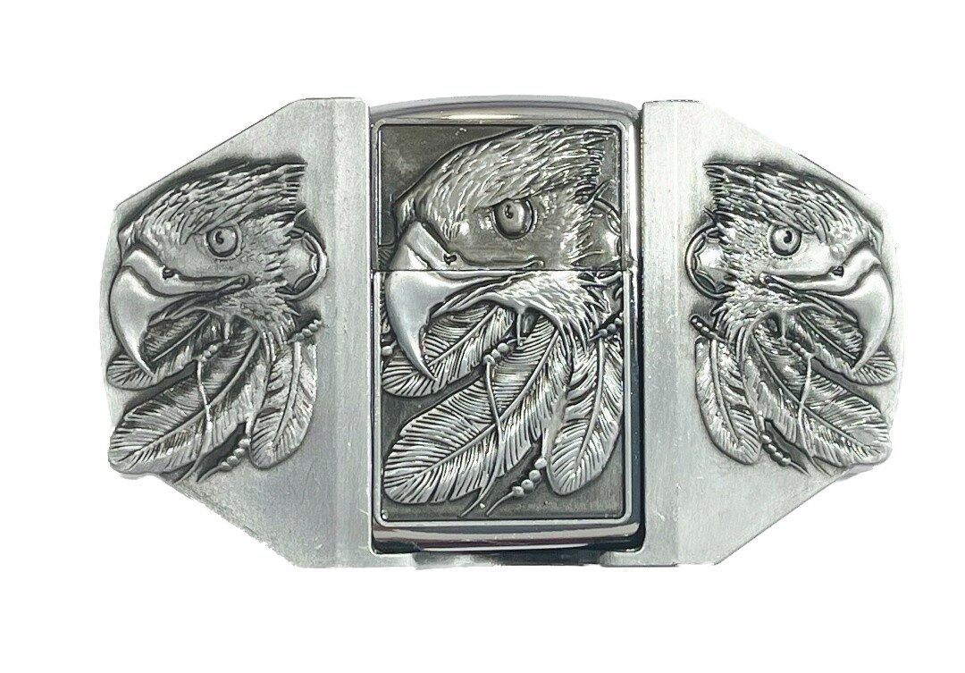 Westernlifestyle Gürtelschnalle Adlerkopf Federn Buckle Gürtelschließe mit Sturmfeuerzeug