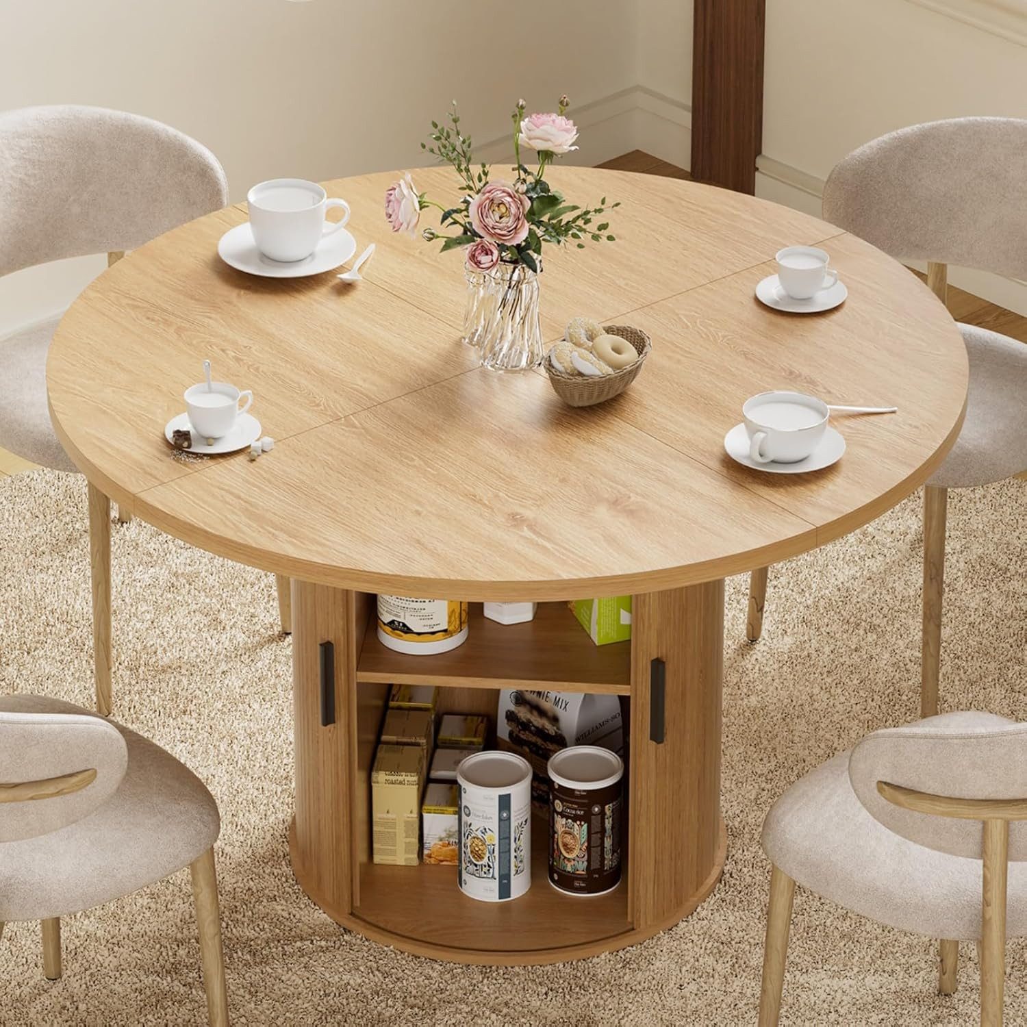 MECO Esstisch Küchentisch Esstisch Runder Ø120cm mit Schiebetüren und Stauraum (für 4 Personen), Bis 150kg, Stabil Esszimmertisch Holz für Esszimmer Wohnzimmer – Bild 2 von 5