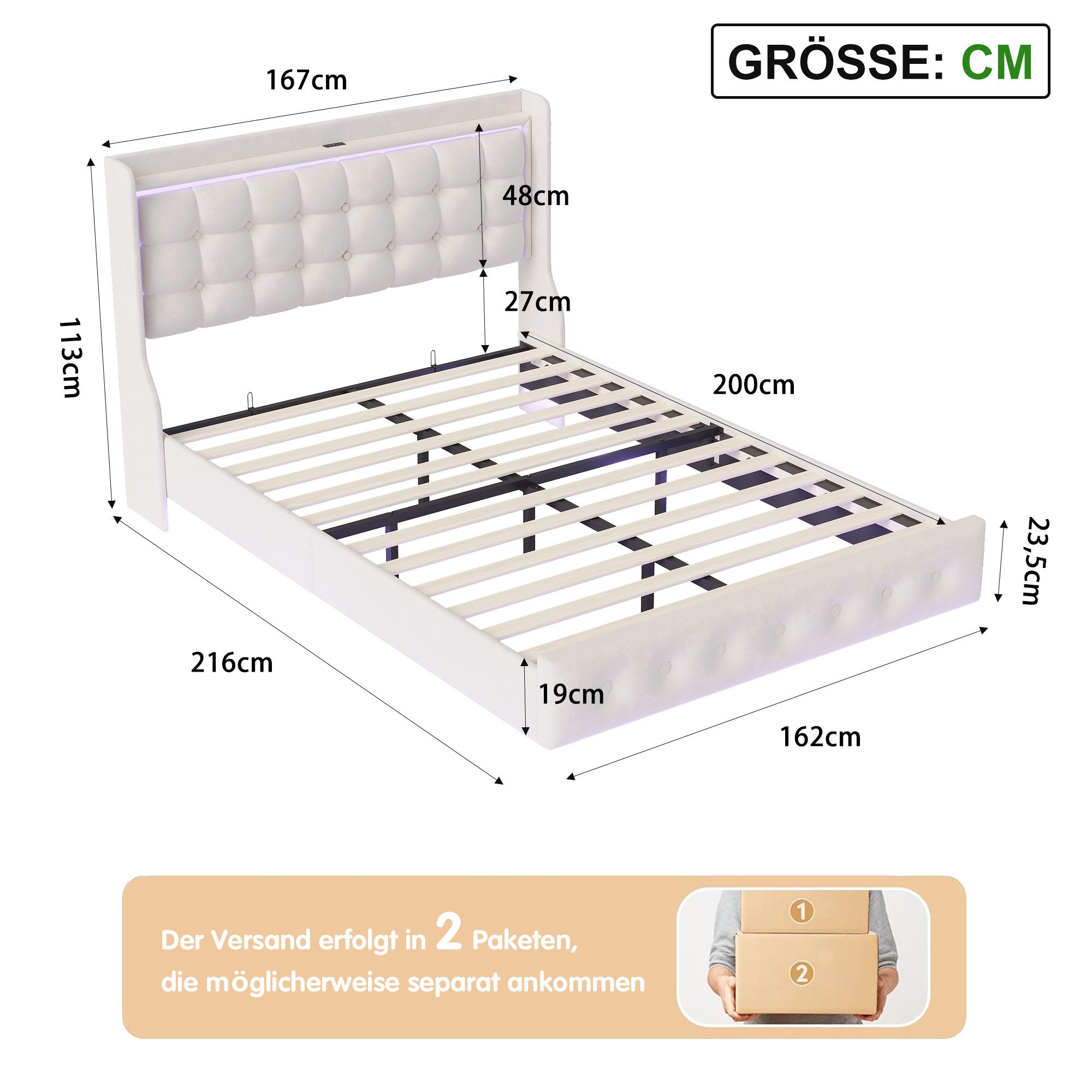 Simurq Palettenbett 160x200 mit LED, Schwebebett Weiß mit USB & Steckdose (Bettgestell inklusive Lattenrost ohne Matratze), Schwebendes Design mit RGB-LED und integrierter Ladefunktion