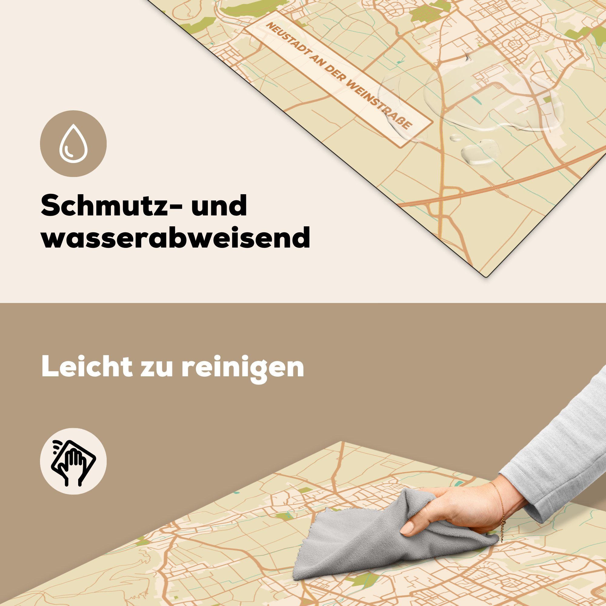 MuchoWow Herdblende-/Abdeckplatte Karte - 78x78 Arbeitsplatte Neustadt (1 tlg), küche - Ceranfeldabdeckung, der Stadtplan an Vintage, Vinyl, cm, - für Weinstraße