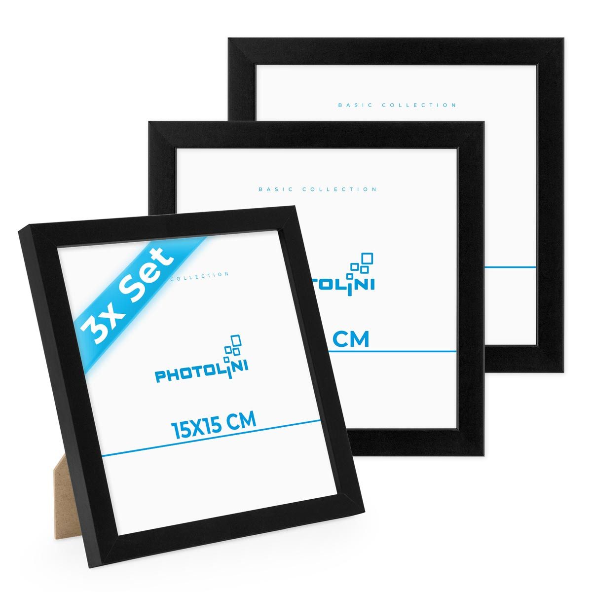 PHOTOLINI Bilderrahmen 3er Set modern mit bruchsicherem Acrylglas, Holz MDF, Fotos & Poster, für 3 Bilder (3er Set), Posterrahmen 15x15 cm quadratisch, zum Aufhängen & Aufstellen