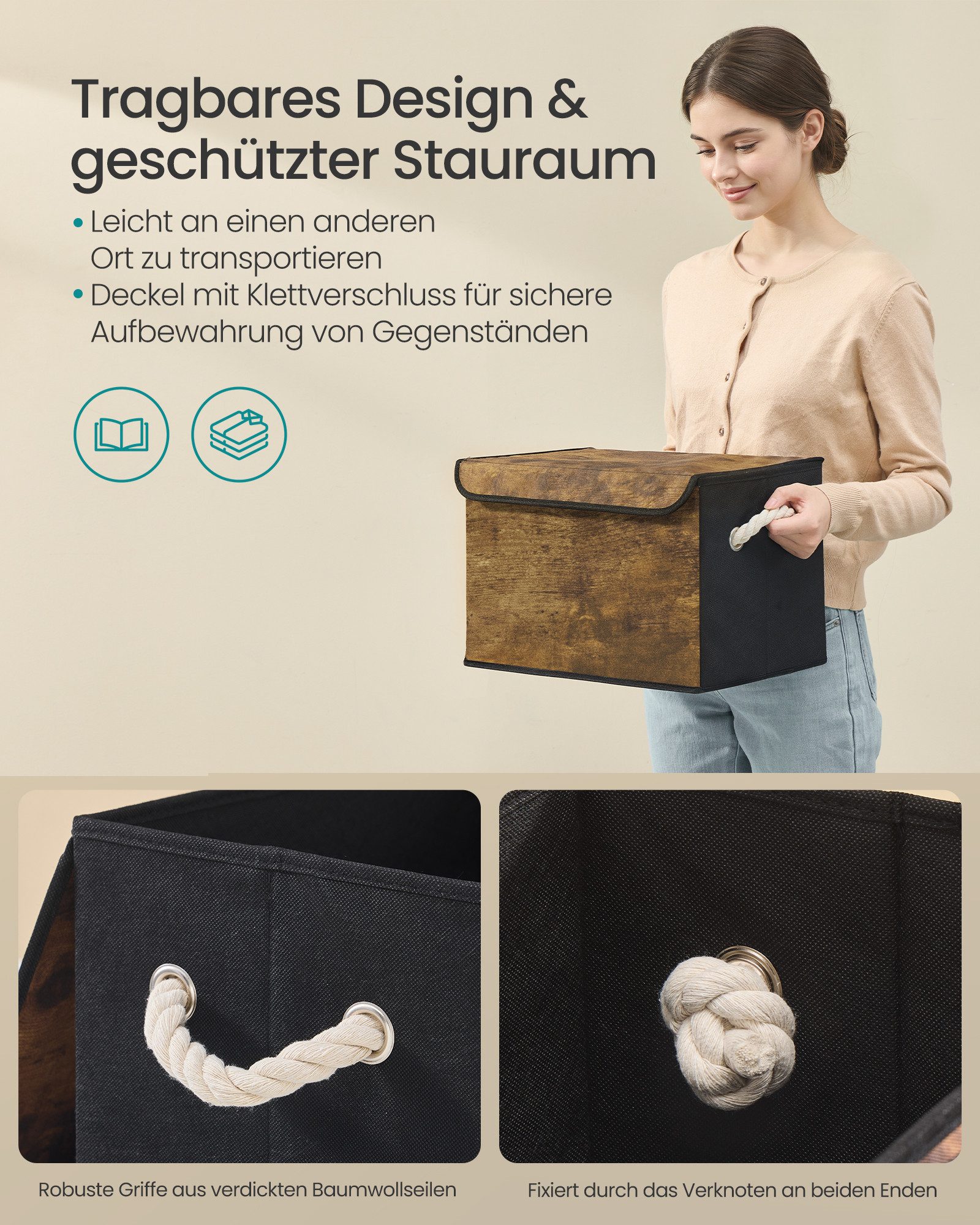 SONGMICS Aufbewahrungsbox 3er Set Stoffboxen klappbar, 38 x 25 x 25 cm, für Schlafzimmer, Wohnzimmer, mit Deckel, Griffe – Bild 4 von 5