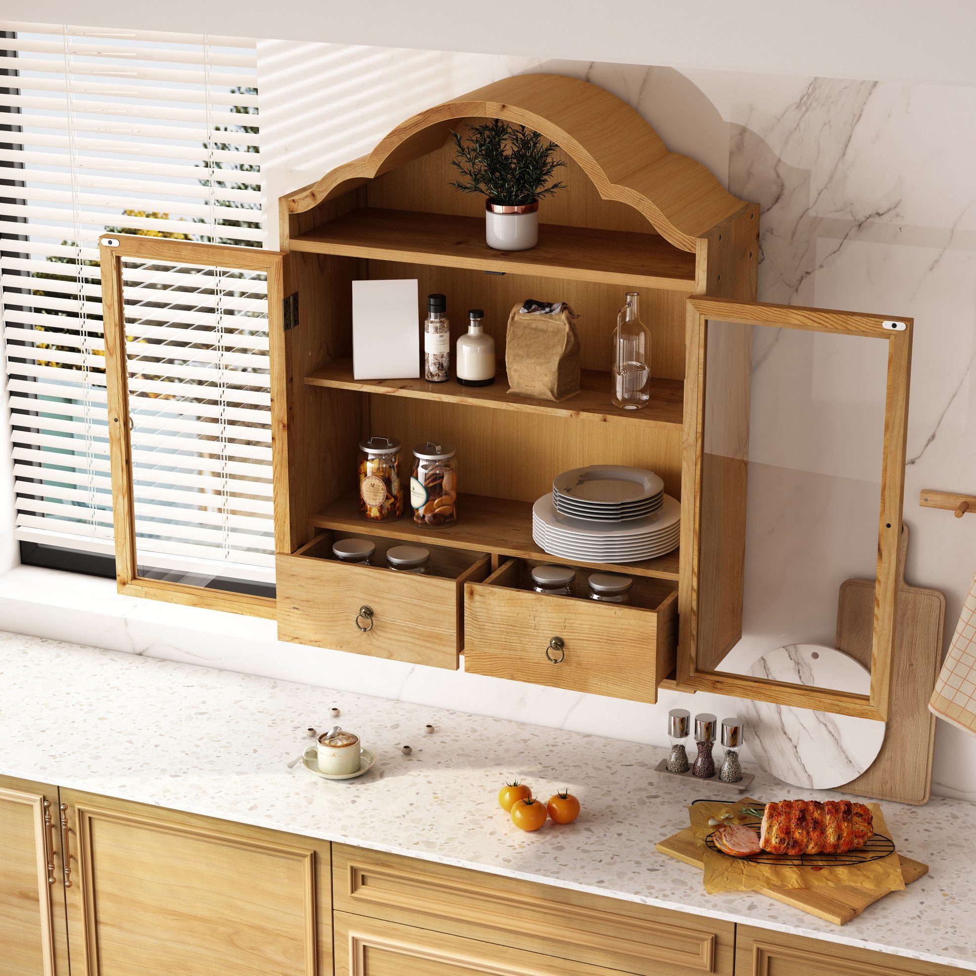 MODFU Hängeschrank Retro Wandschrank mit geschwungenem Design, (Hängevitrine Stauraumschrank, integrierten Schubladen und Stauraumlösung, ideal als Küchenschrank, Badezimmerschrank oder Wohnzimmerregal)