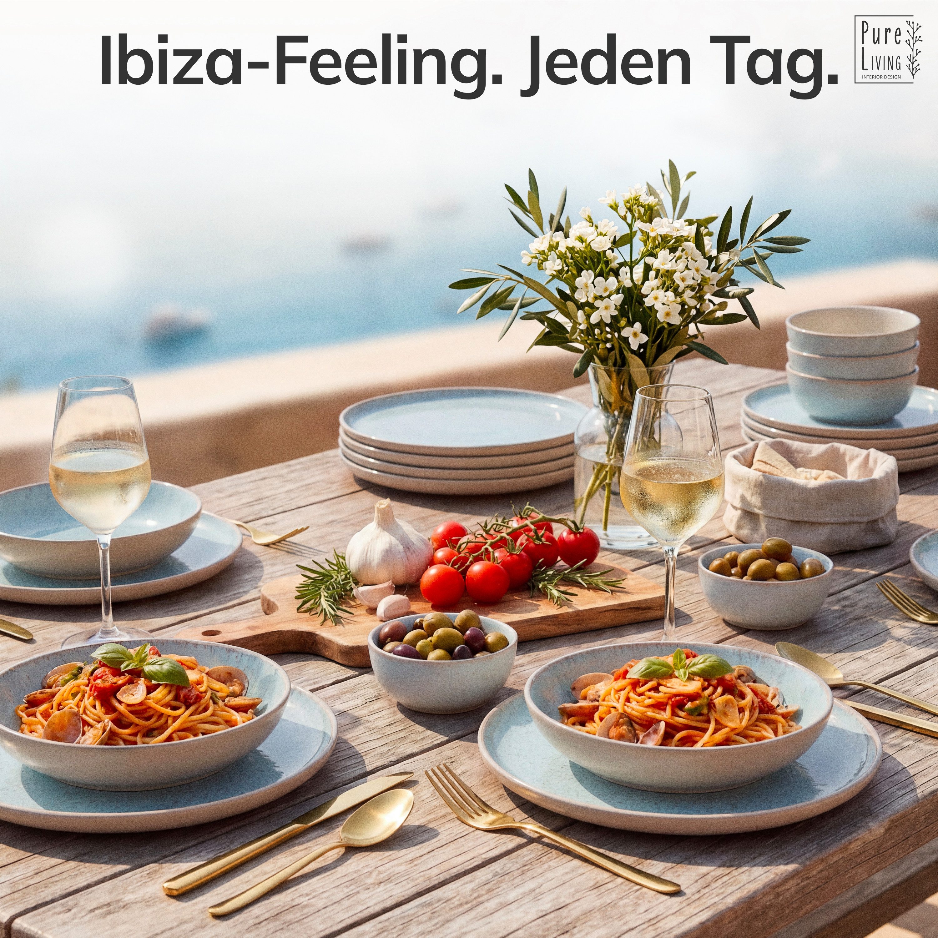PURE LIVING INTERIOR DESIGN Geschirr-Set Pure Living »Ibiza« (48-tlg), 12 Personen, Steingut, Blau-Beige, 12 Personen, Steingut, Mediterrane Handwerksoptik, Reaktive Glasur – jedes Stück einzigartig…